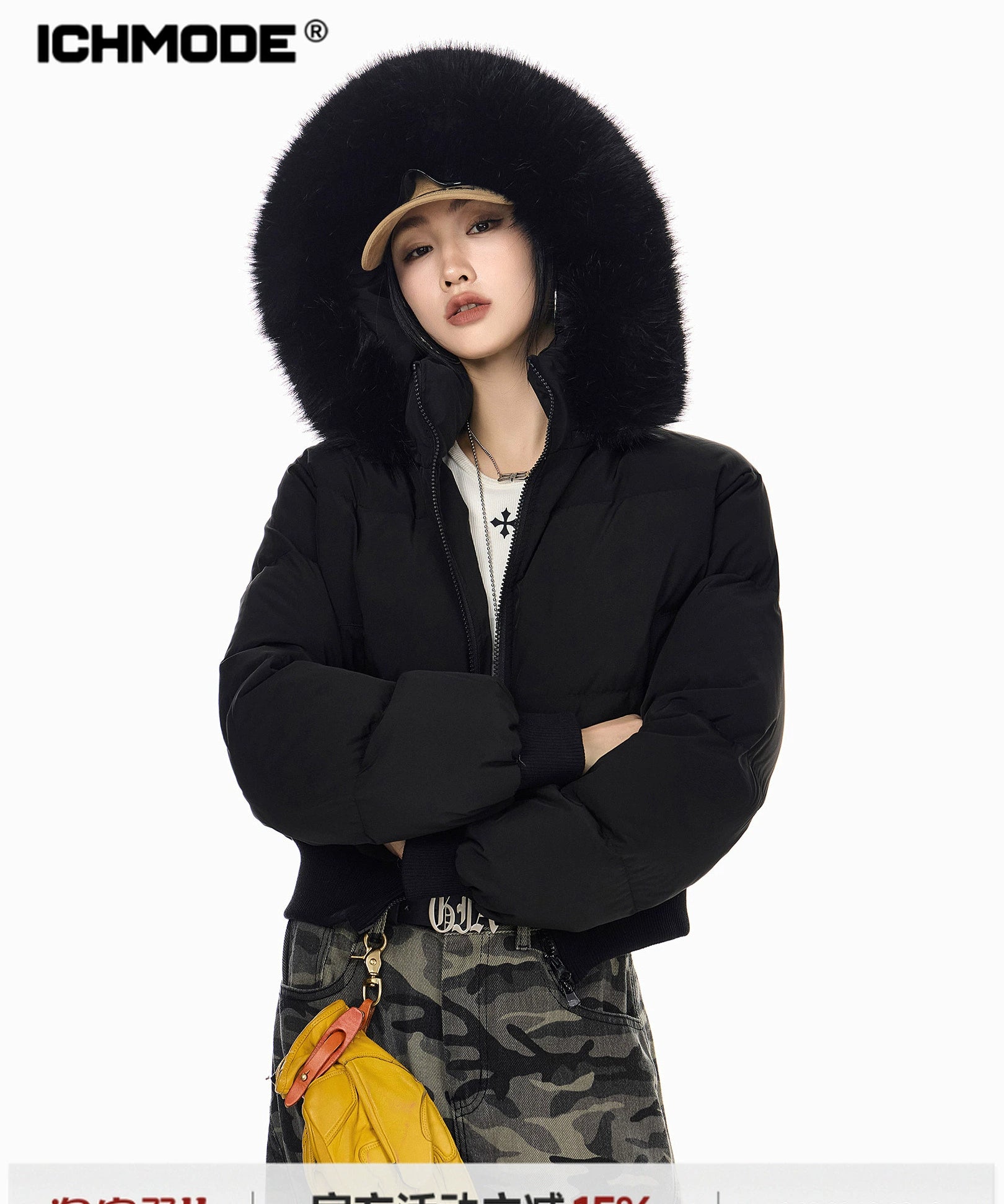 ICH MODE 美式复古大毛领连帽棉服女2025新款秋冬季修身开衫棉袄