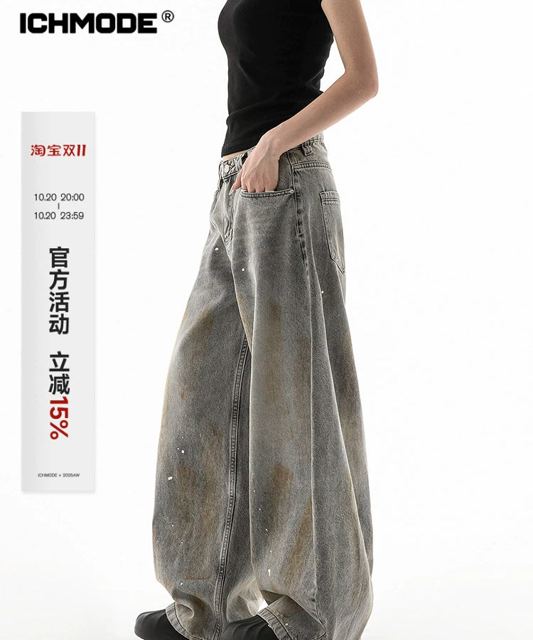 ICH MODE 美式复古做旧牛仔裤女夏季宽松直筒裤休闲阔腿弯刀裤子