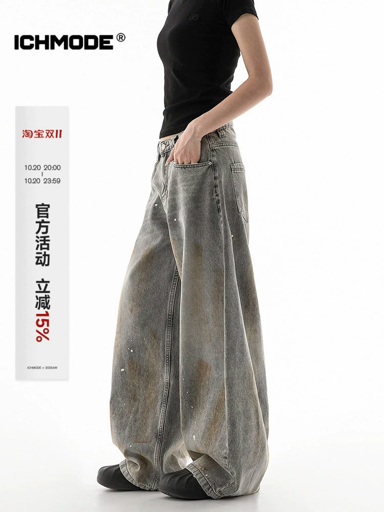 ICH MODE 美式复古做旧牛仔裤女夏季宽松直筒裤休闲阔腿弯刀裤子