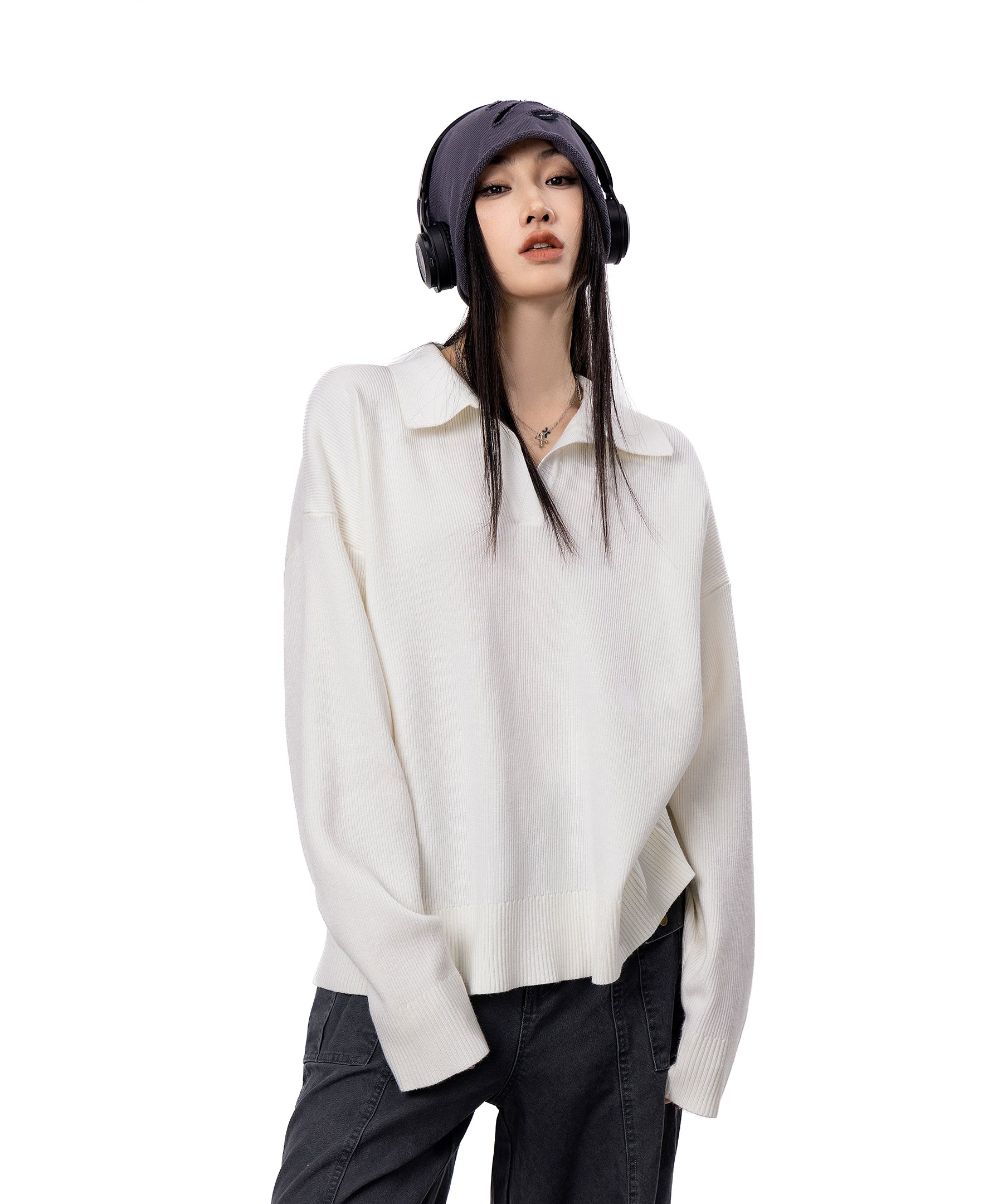 ICH MODE 美式复古POLO毛针织衫女秋冬新款宽松休闲长袖毛衣外套