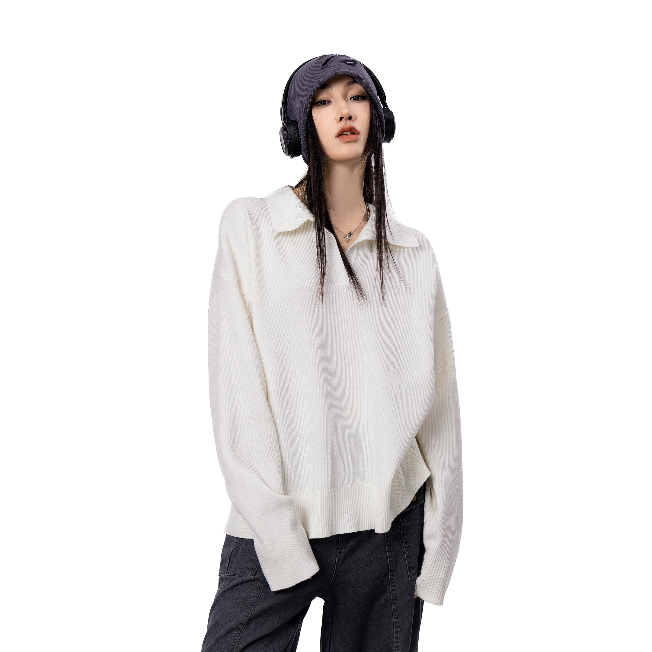 ICH MODE 美式复古POLO毛针织衫女秋冬新款宽松休闲长袖毛衣外套