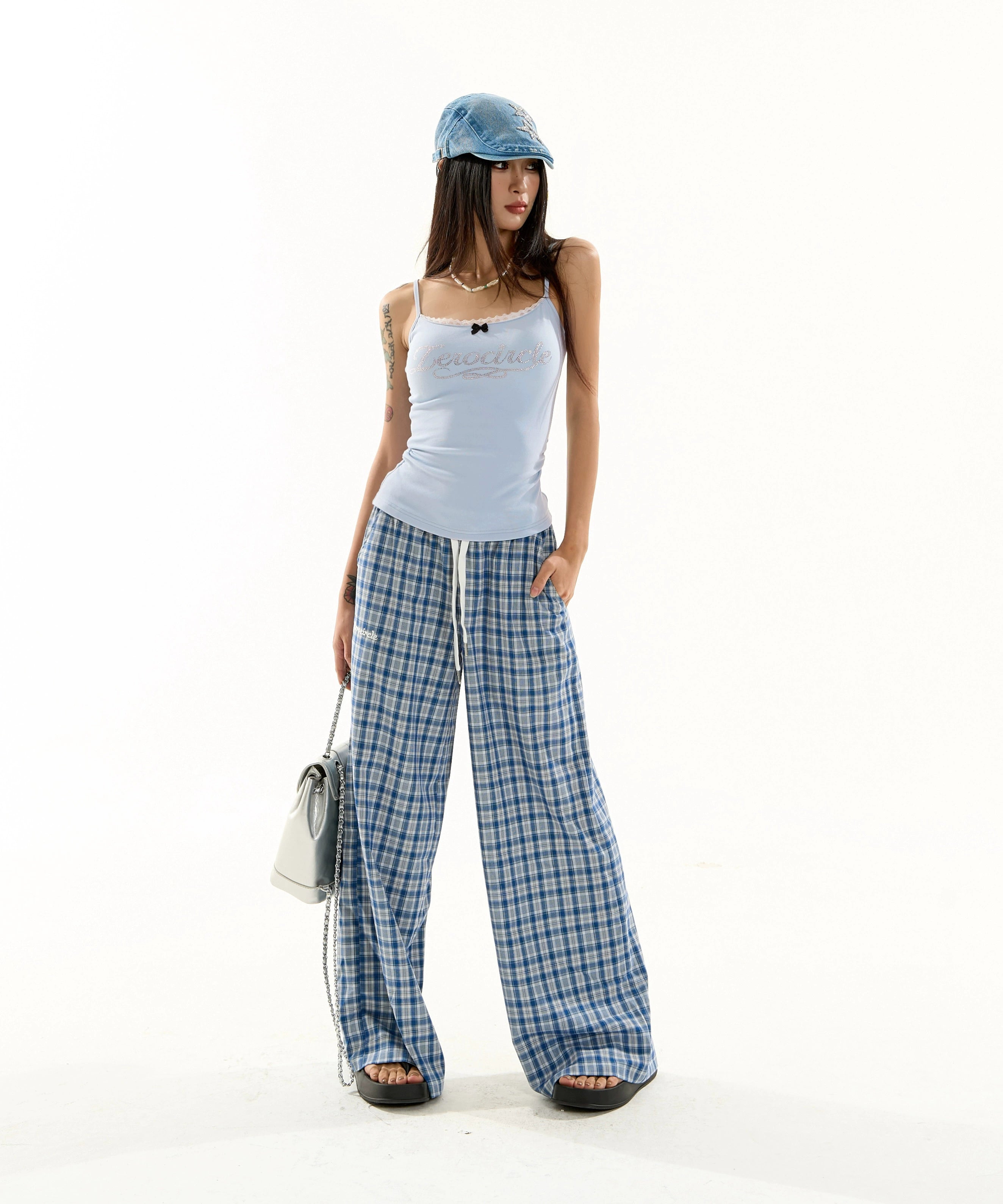 野生zero蓝格子裤女夏季薄款松紧腰慵懒宽松阔腿直筒休闲显瘦裤子