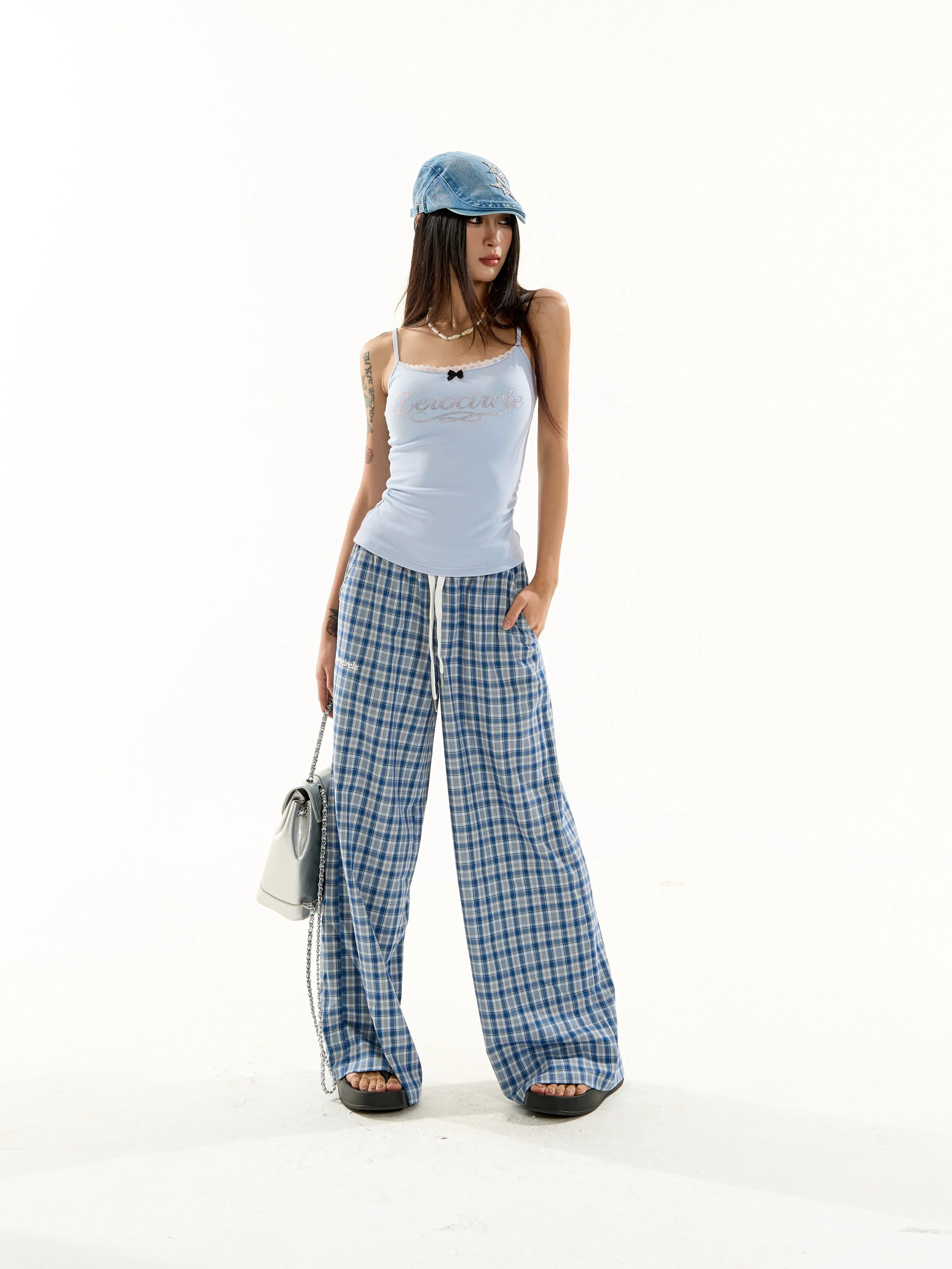 野生zero蓝格子裤女夏季薄款松紧腰慵懒宽松阔腿直筒休闲显瘦裤子