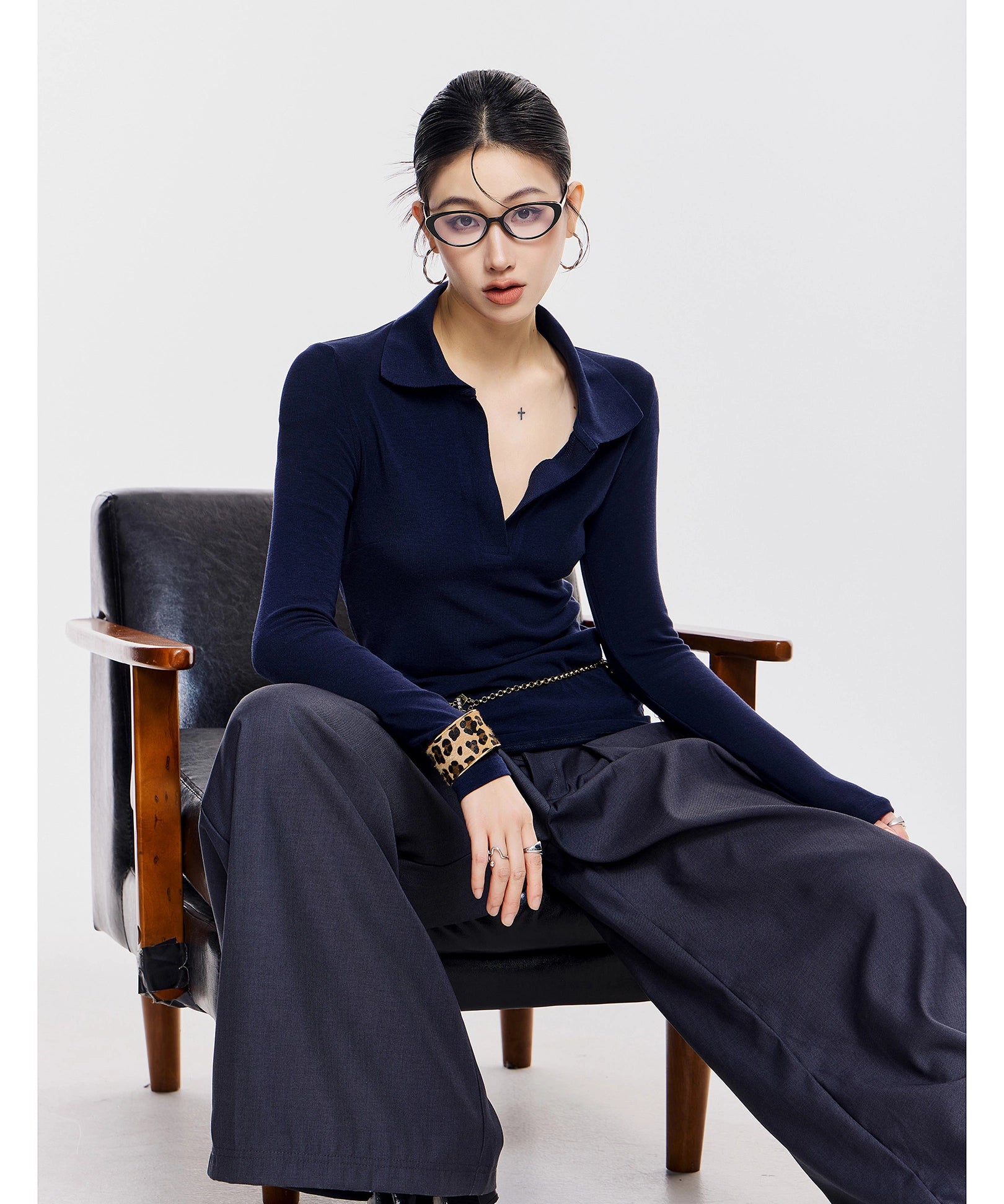 ICH MODE 美式POLO领针织长袖T恤女新款秋冬季修身上衣内搭打底衫