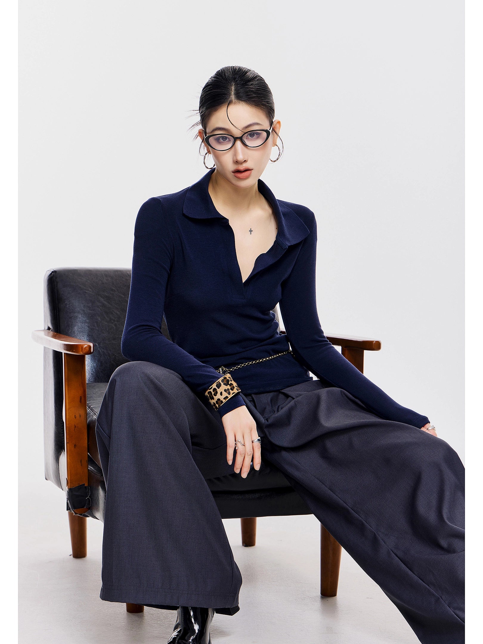 ICH MODE 美式POLO领针织长袖T恤女新款秋冬季修身上衣内搭打底衫