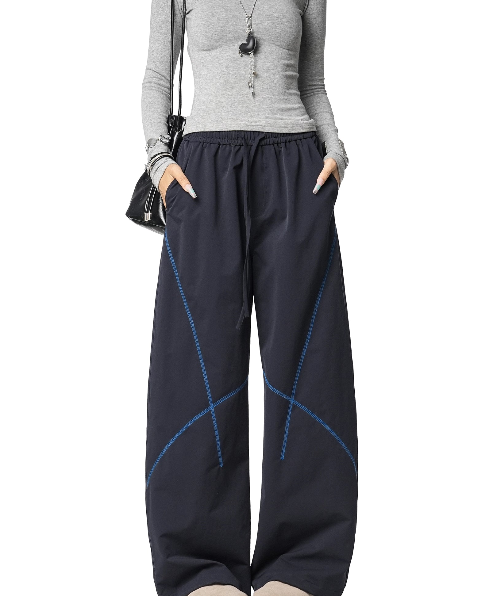 ICH MODE 美式复古户外哈苏线休闲裤女宽松弯刀裤阔腿直筒运动裤