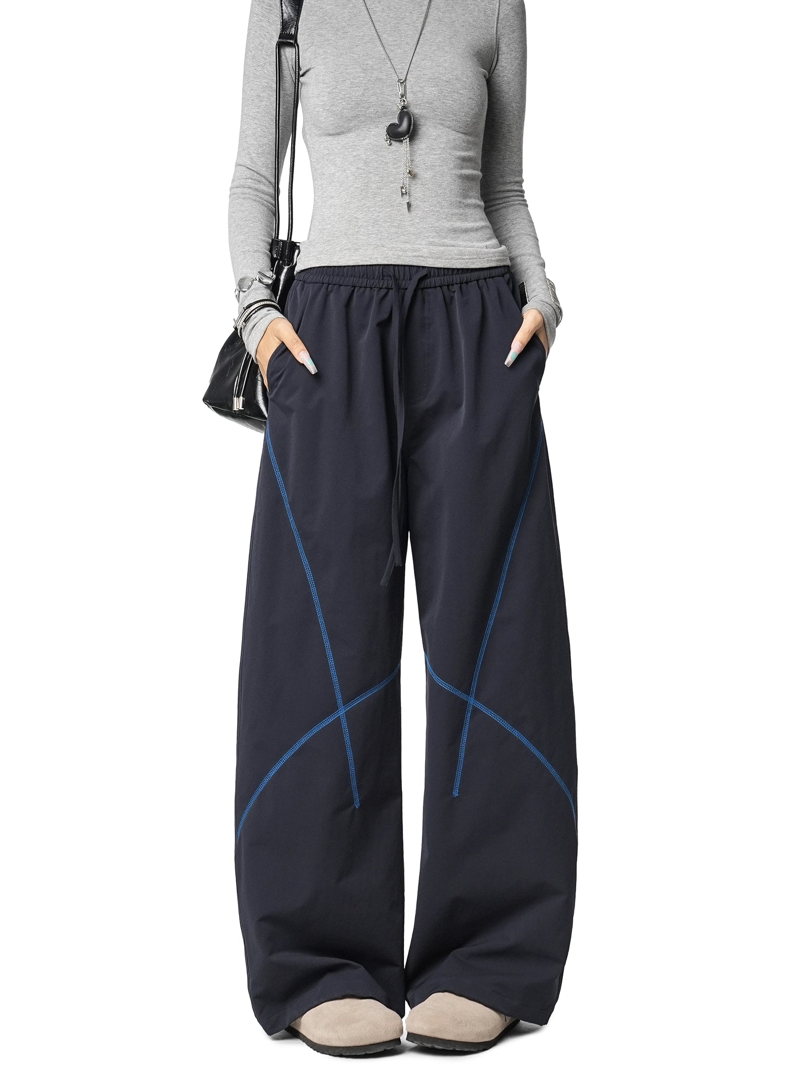 ICH MODE 美式复古户外哈苏线休闲裤女宽松弯刀裤阔腿直筒运动裤