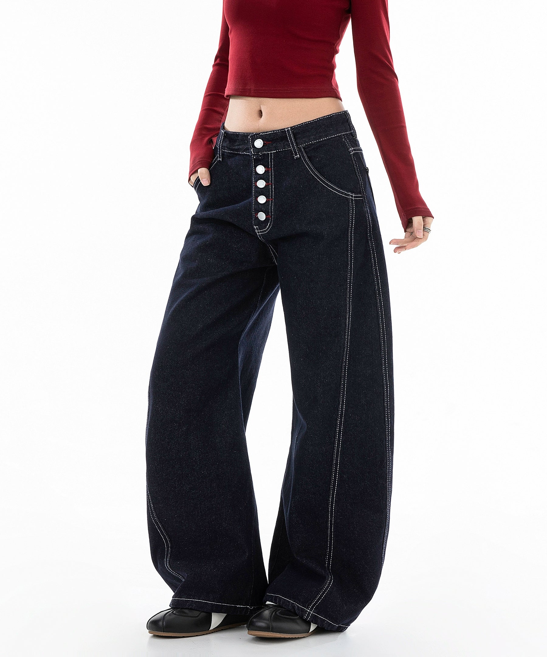 ICH MODE 美式复古宽松牛仔裤女秋冬廊形阔腿弯刀裤休闲直筒长裤