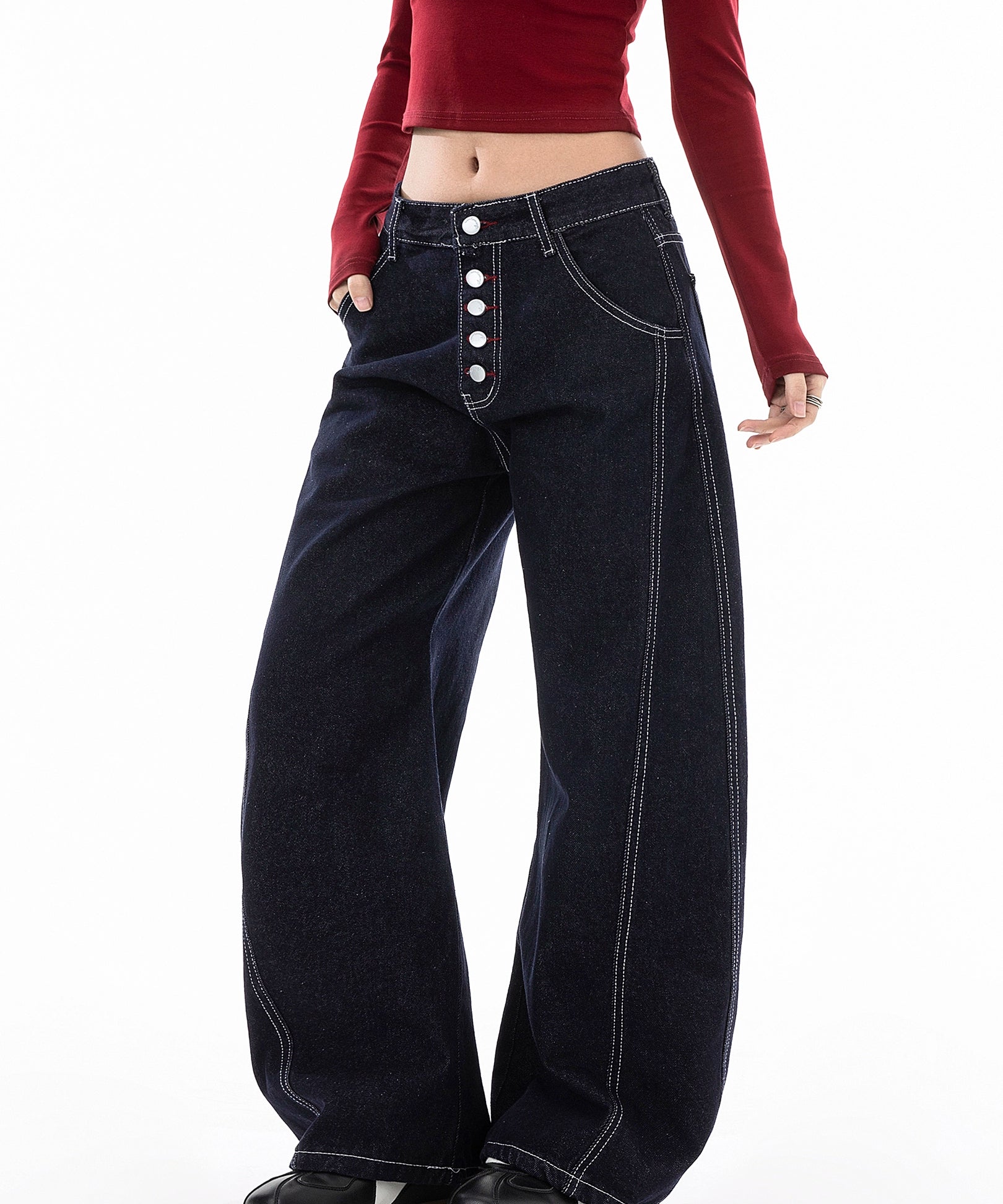 ICH MODE 美式复古宽松牛仔裤女秋冬廊形阔腿弯刀裤休闲直筒长裤