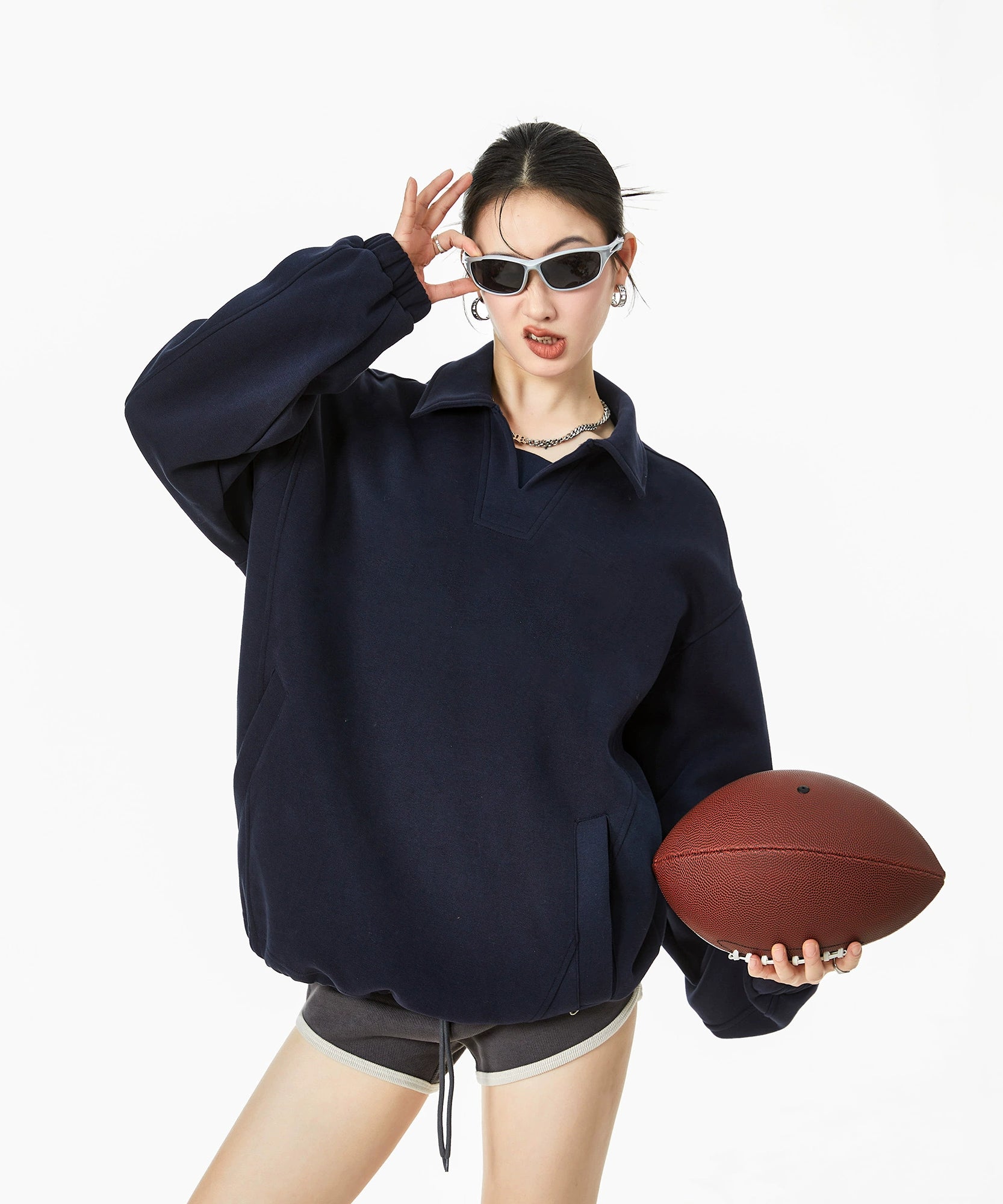 ICH MODE 美式POLO领纯色卫衣2025年秋冬新款慵懒风宽松上衣女款