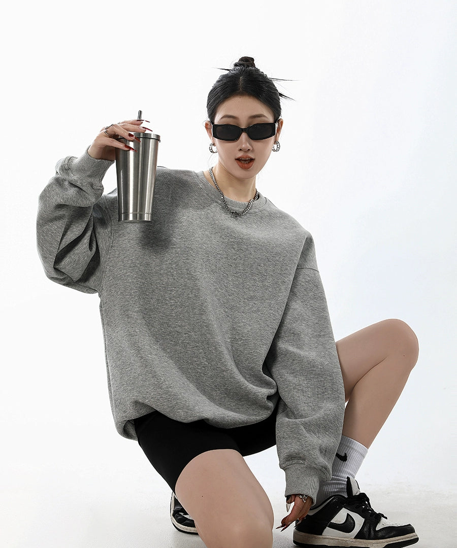 ICH MODE 美式圆领灰色卫衣女秋冬新款宽松慵懒纯色套头外套上衣