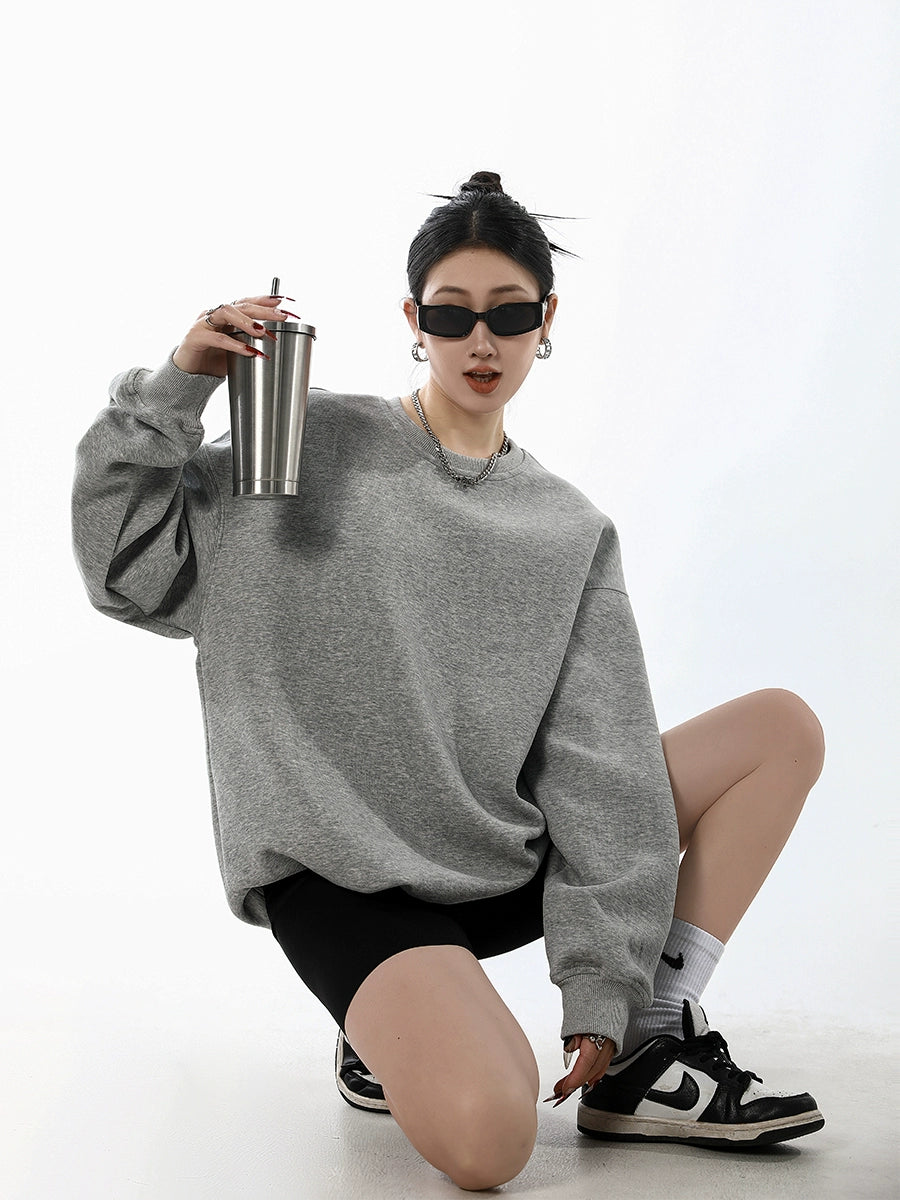 ICH MODE 美式圆领灰色卫衣女秋冬新款宽松慵懒纯色套头外套上衣