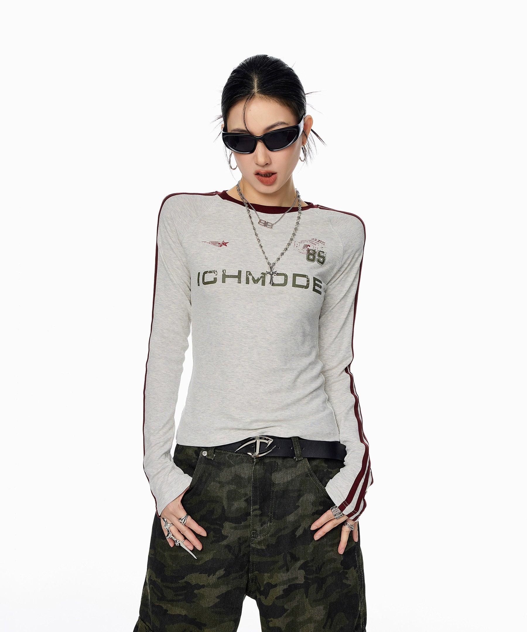 ICH MODE 美式复古正肩长袖T恤女秋冬新款修身运动正肩上衣打底衫