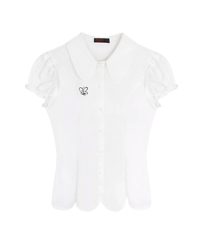 野生zerocircle白色娃娃领泡泡短袖衬衫女春韩系修身显瘦收腰上衣