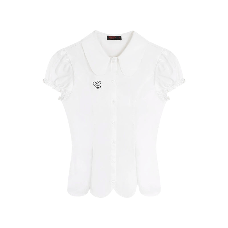 野生zerocircle白色娃娃领泡泡短袖衬衫女春韩系修身显瘦收腰上衣