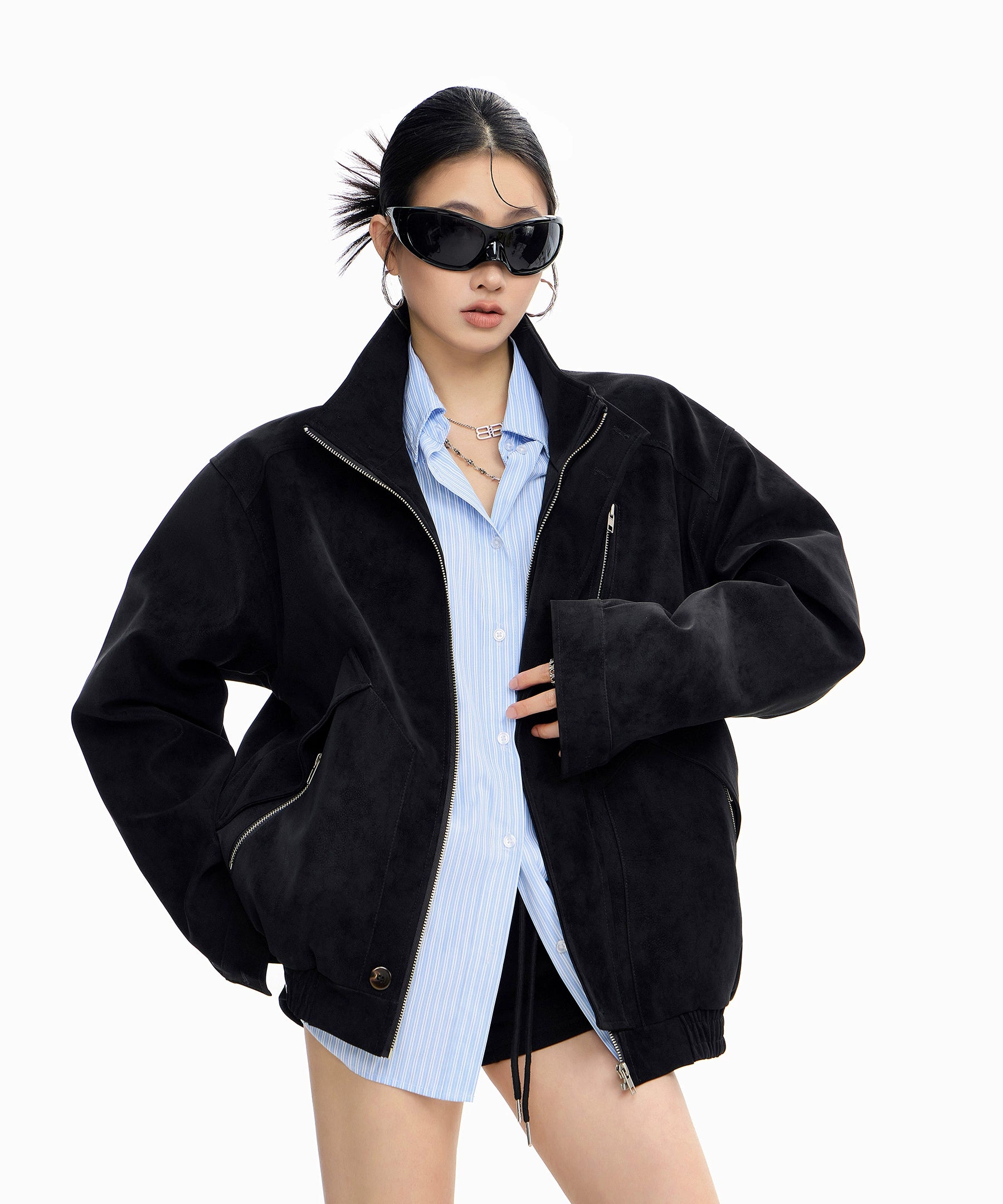 ICH MODE 美式复古工装立领短外套女秋冬新款飞行员夹克宽松上衣