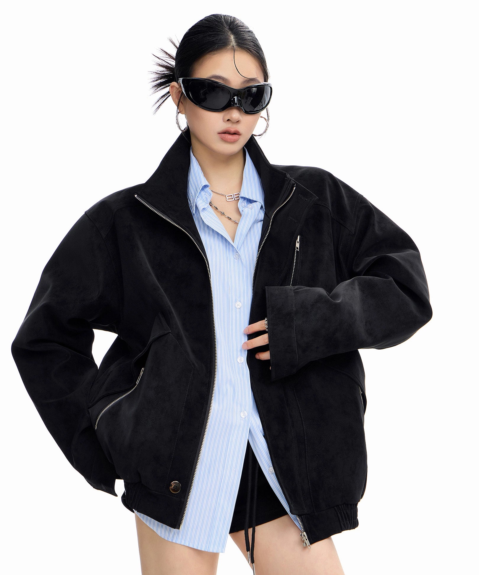 ICH MODE 美式复古工装立领短外套女秋冬新款飞行员夹克宽松上衣