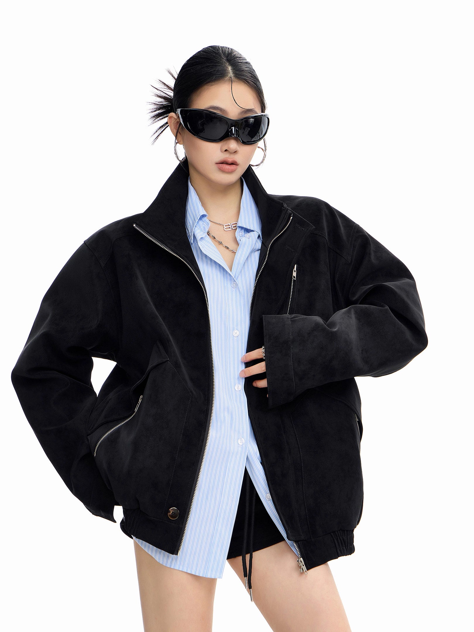 ICH MODE 美式复古工装立领短外套女秋冬新款飞行员夹克宽松上衣