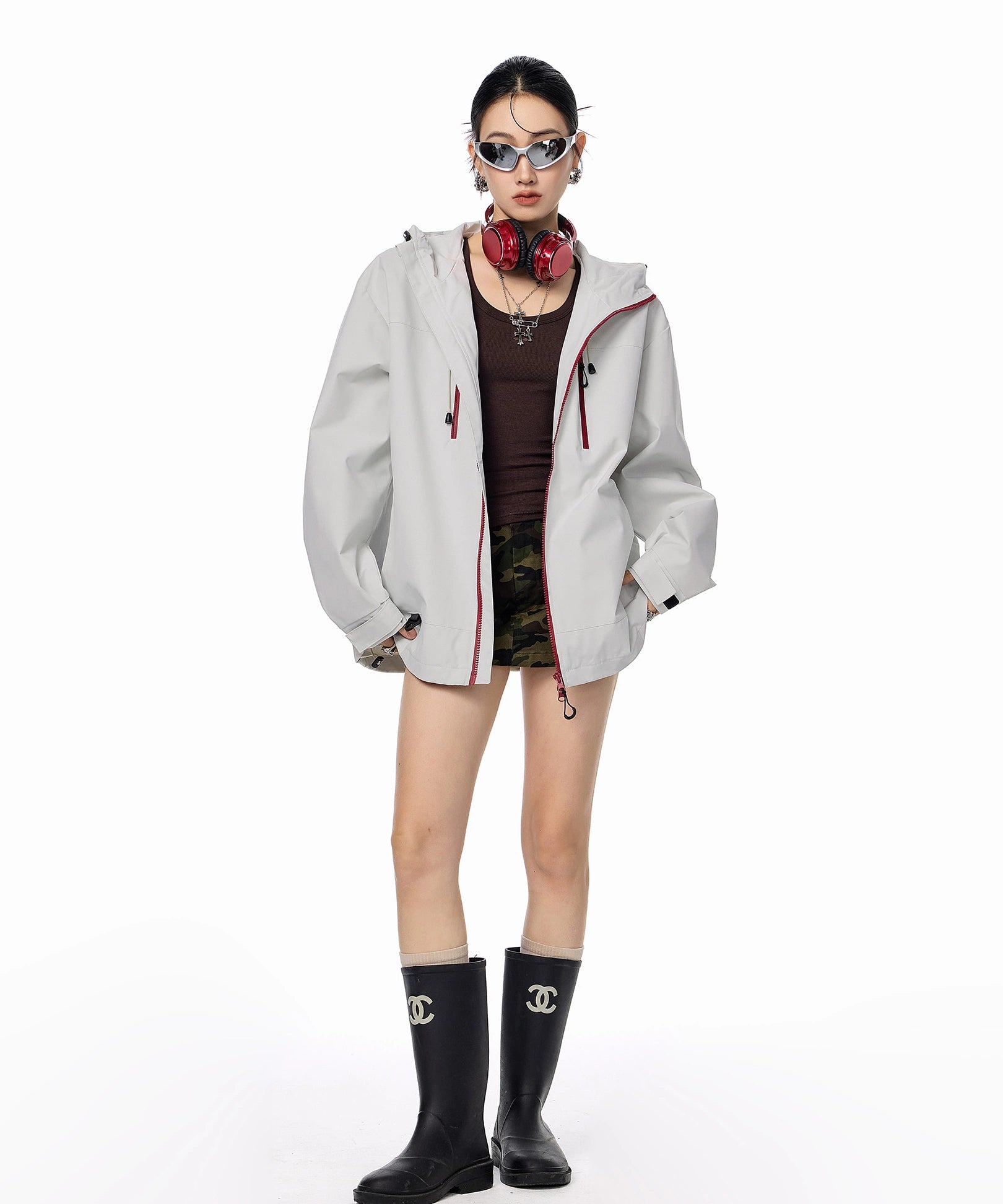 ICH MODE 美式复古撞色工装连帽外套女秋冬户外运动夹克长袖上衣