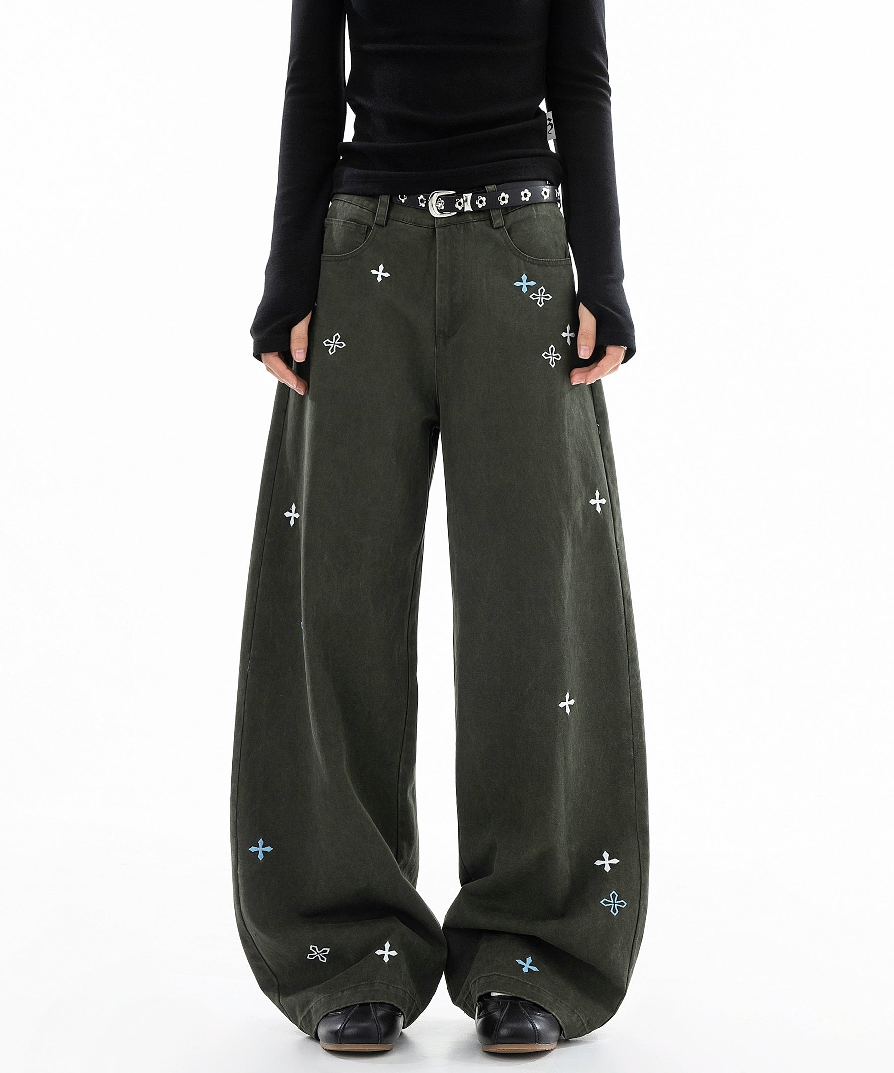 ICH MODE 美式复古刺绣纱卡休闲裤女宽松直筒裤弯刀阔腿裤运动裤