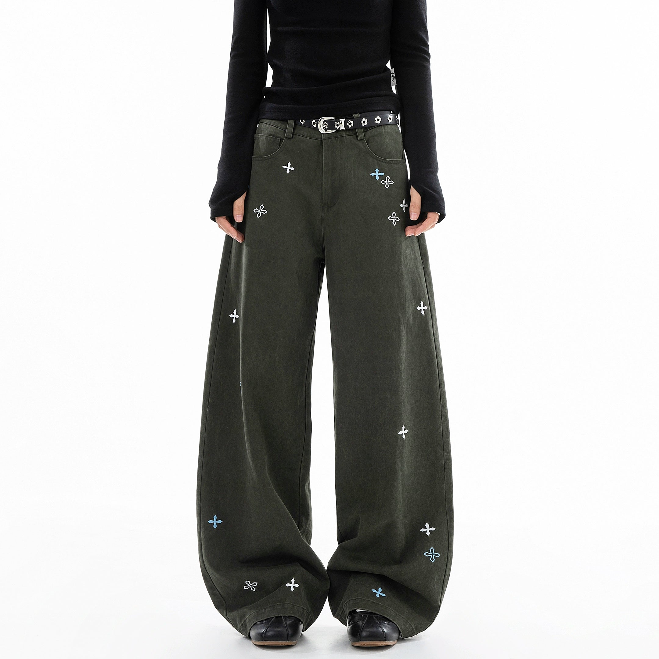 ICH MODE 美式复古刺绣纱卡休闲裤女宽松直筒裤弯刀阔腿裤运动裤