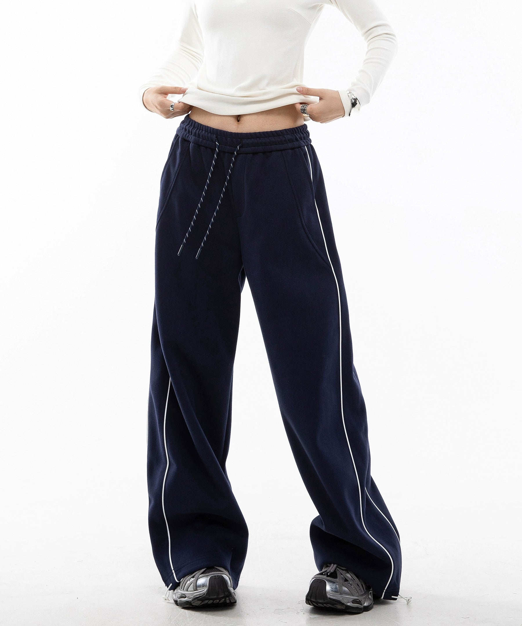 ICH MODE 美式复古条纹休闲裤女直筒宽松阔腿裤运动裤百搭卫裤