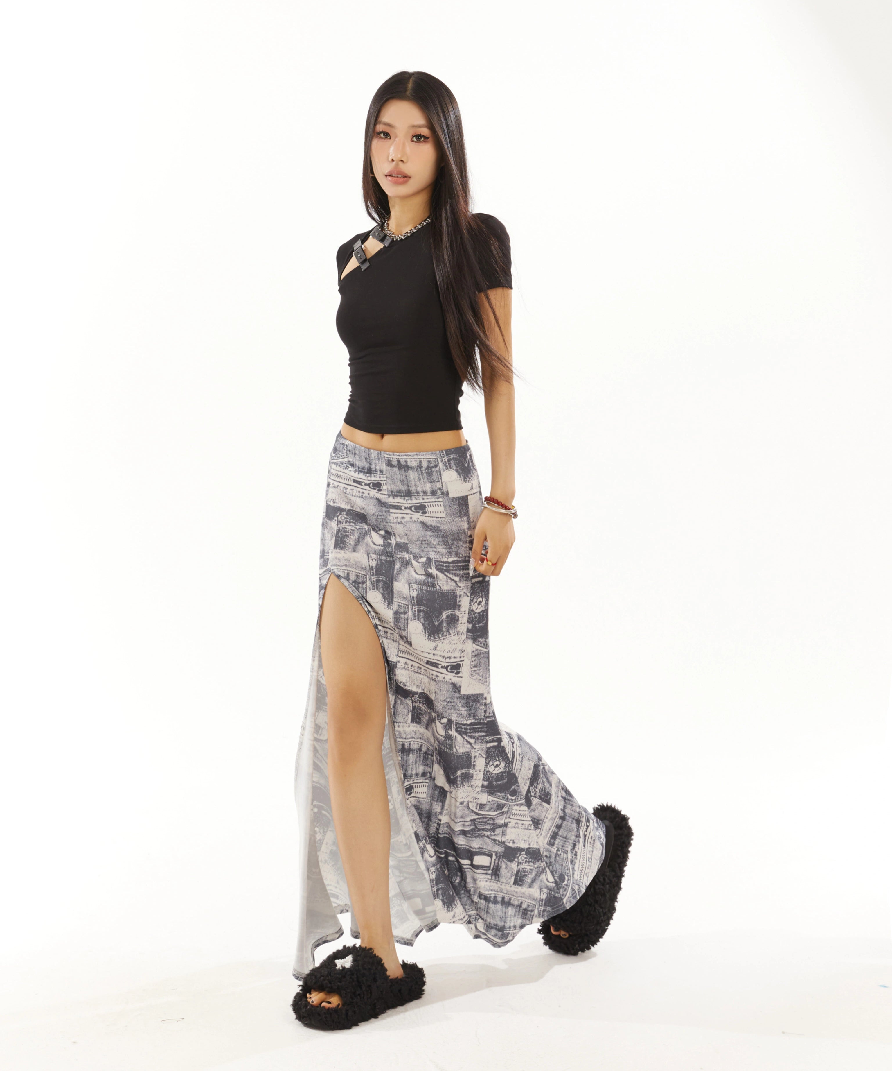 野生zero 印花开叉长裙女夏季低腰a字显瘦设计感小众辣妹鱼尾裙子