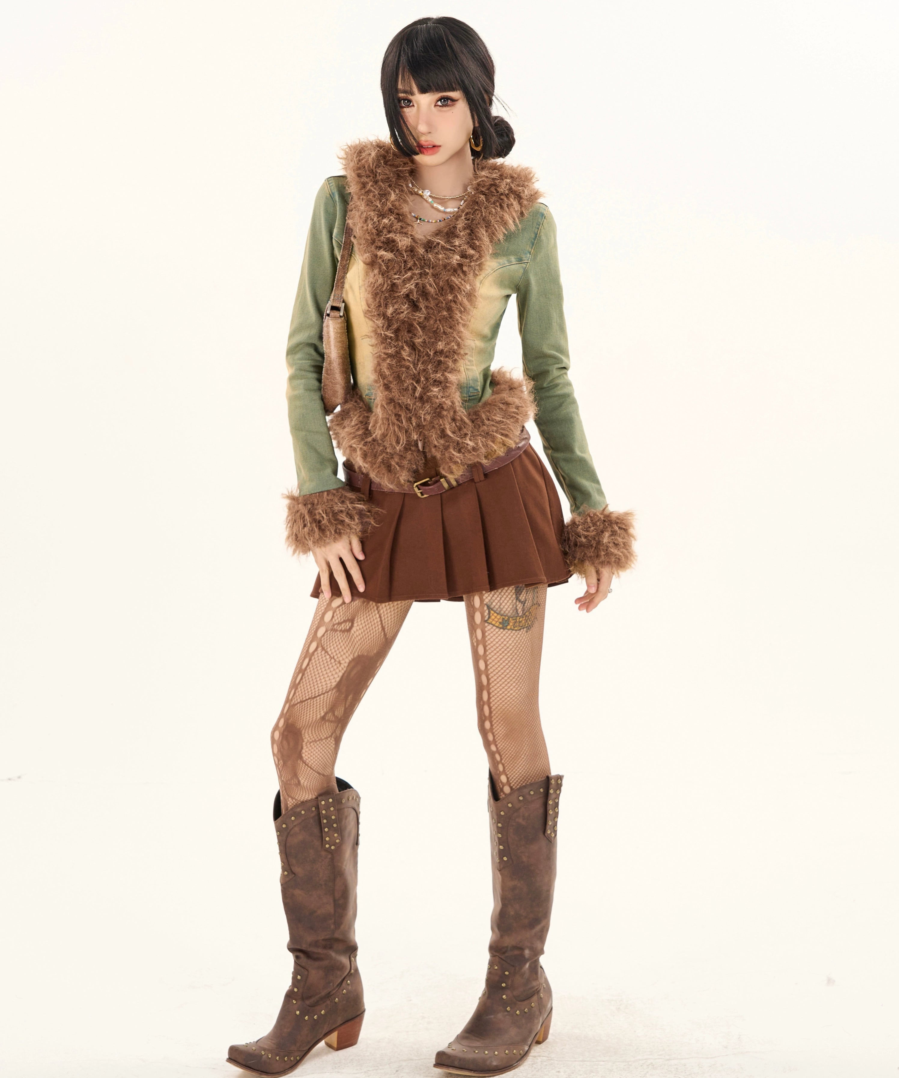 野生zerocircle毛毛拼接牛仔外套女春秋季高级设计感修身显瘦休闲