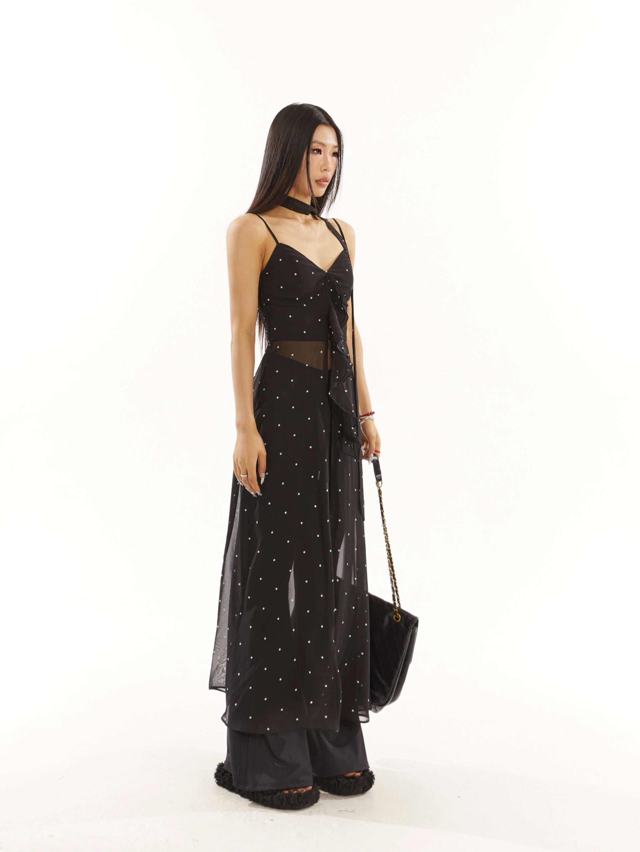 野生zero黑白色波点薄款吊带连衣裙女夏季设计感辣妹修身开叉裙子