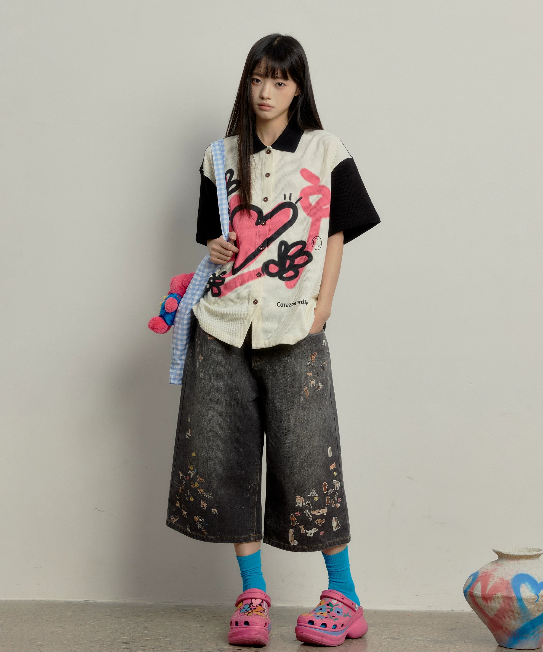 “花语”| eeee小众设计感趣味涂鸦短袖衬衫黑白撞色华夫格衬衣夏