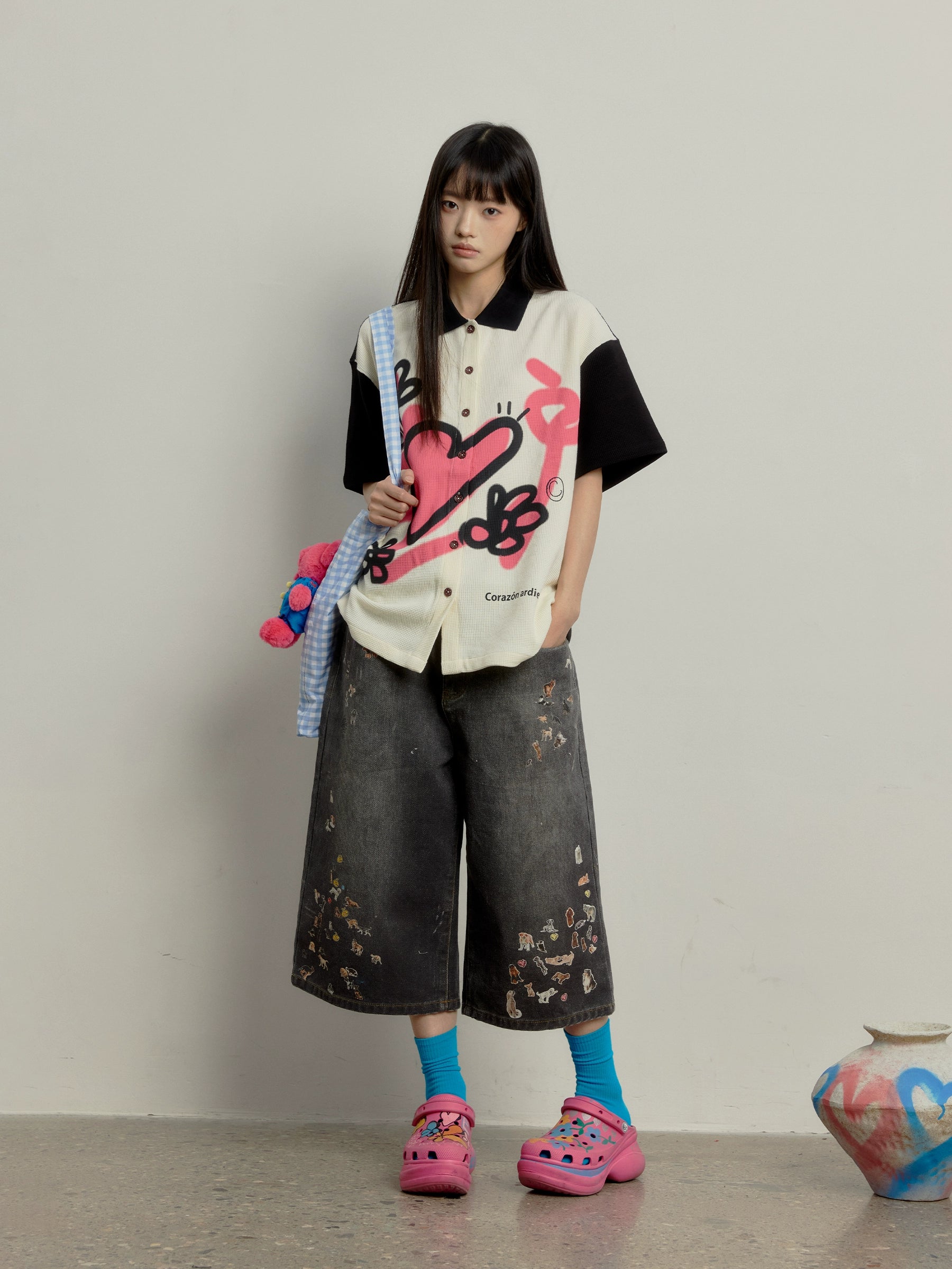 “花语”| eeee小众设计感趣味涂鸦短袖衬衫黑白撞色华夫格衬衣夏