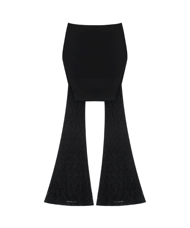 野生zero黑色微喇裤女夏季薄款设计感修身显瘦低腰假两件蕾丝裤子