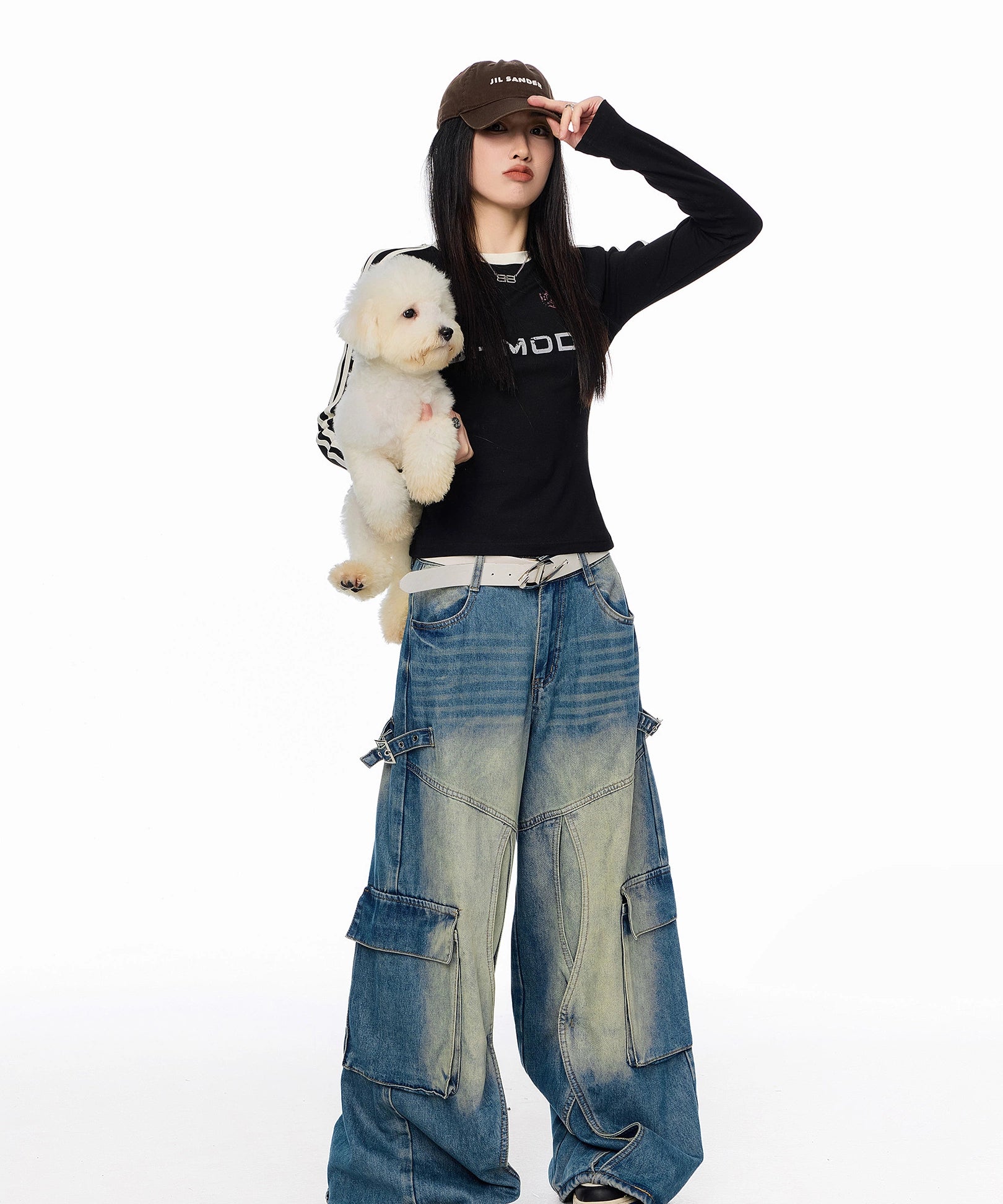 ICH MODE 美式复古正肩长袖T恤女秋冬新款修身运动正肩上衣打底衫