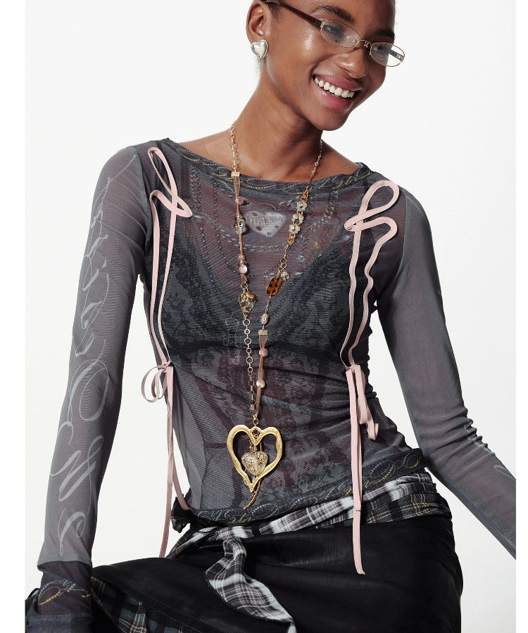 2th Desire蕾丝网纱项链满印撞色绑带薄纱防晒皮肤衣叠穿上衣T恤