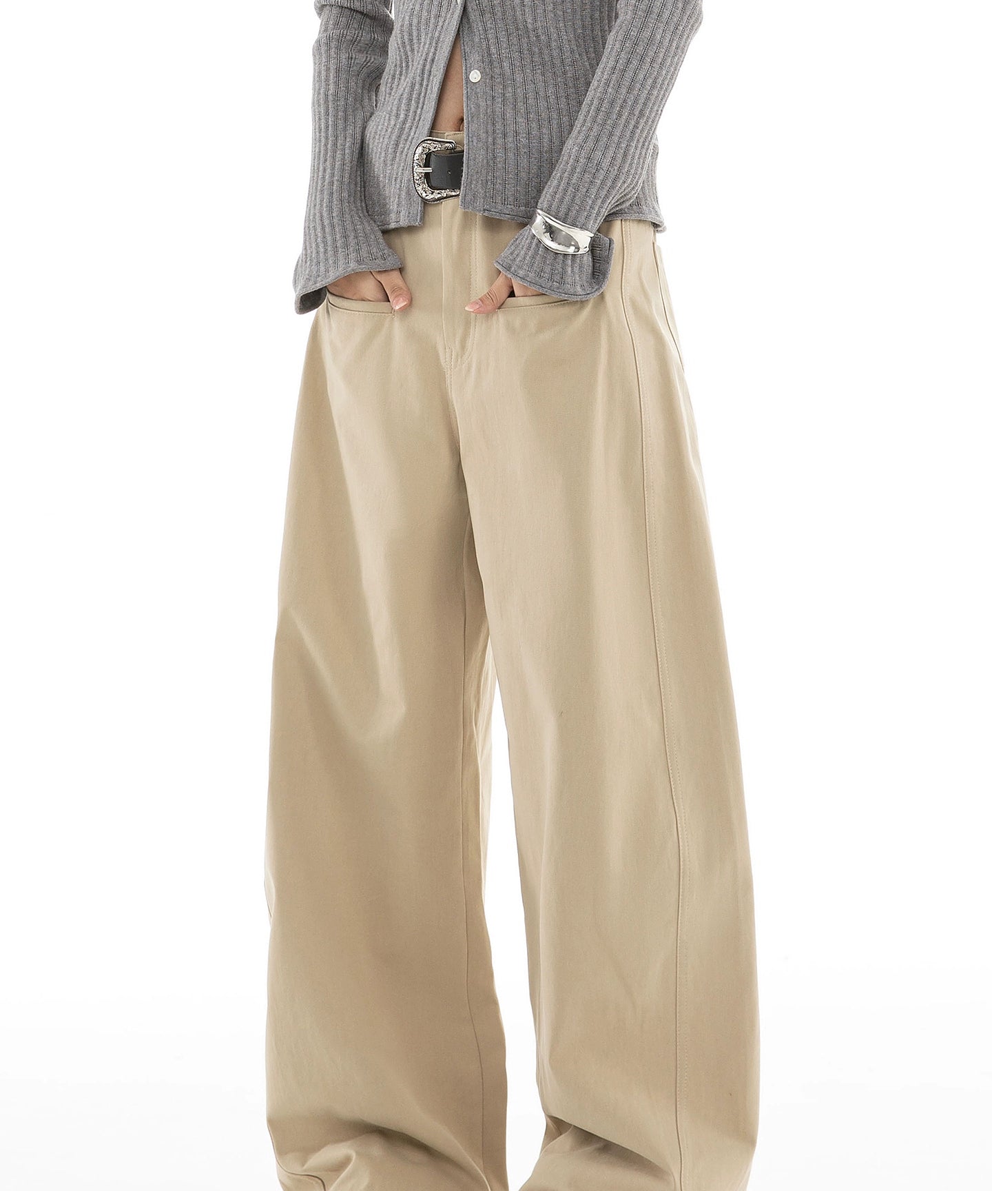 ICH MODE 美式复古卡其色休闲裤女直筒宽松阔腿裤运动裤百搭裤子