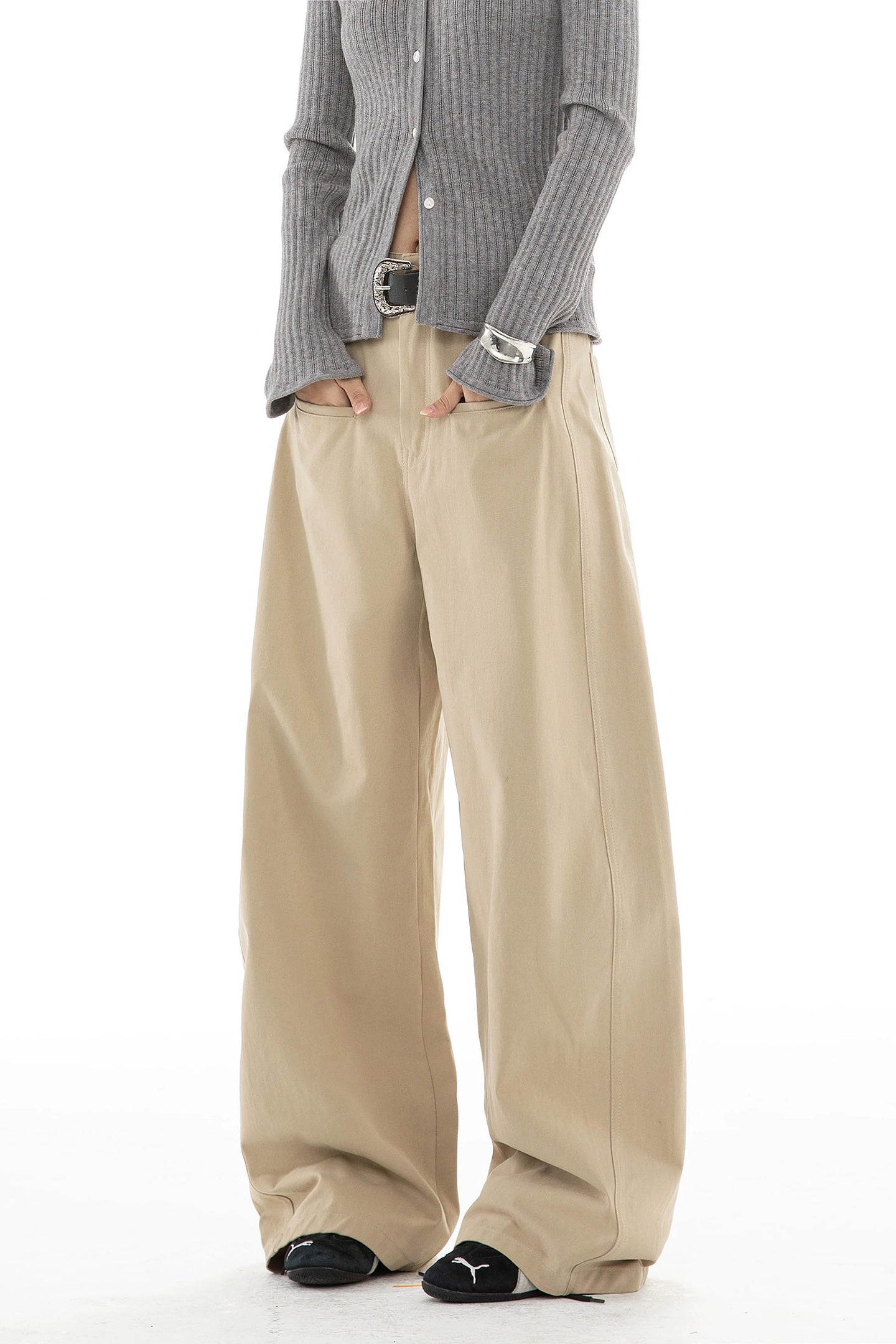 ICH MODE 美式复古卡其色休闲裤女直筒宽松阔腿裤运动裤百搭裤子