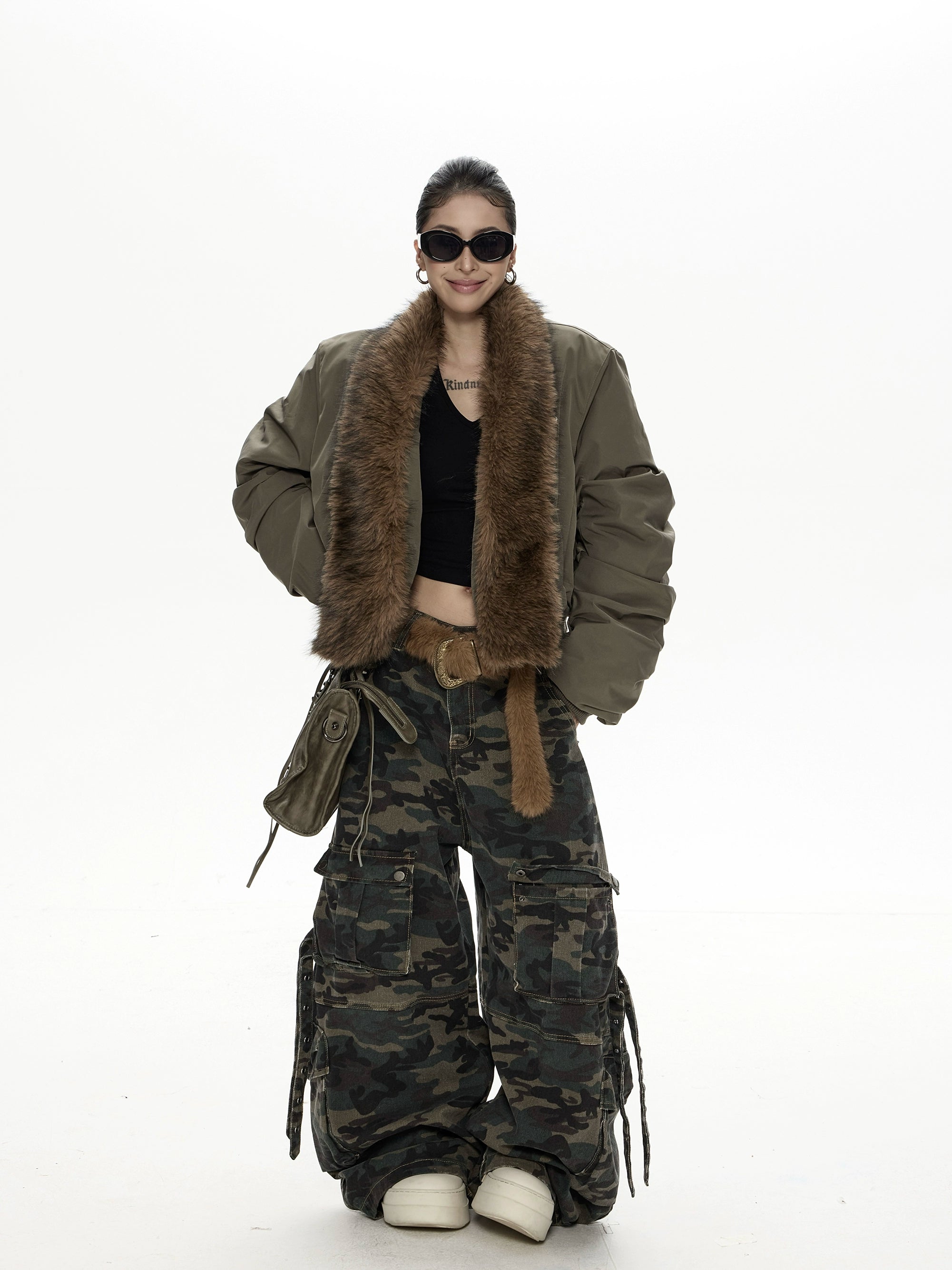 野生zero带毛领宽松加厚棉服女秋冬新款美式复古宽松开衫棉衣外套