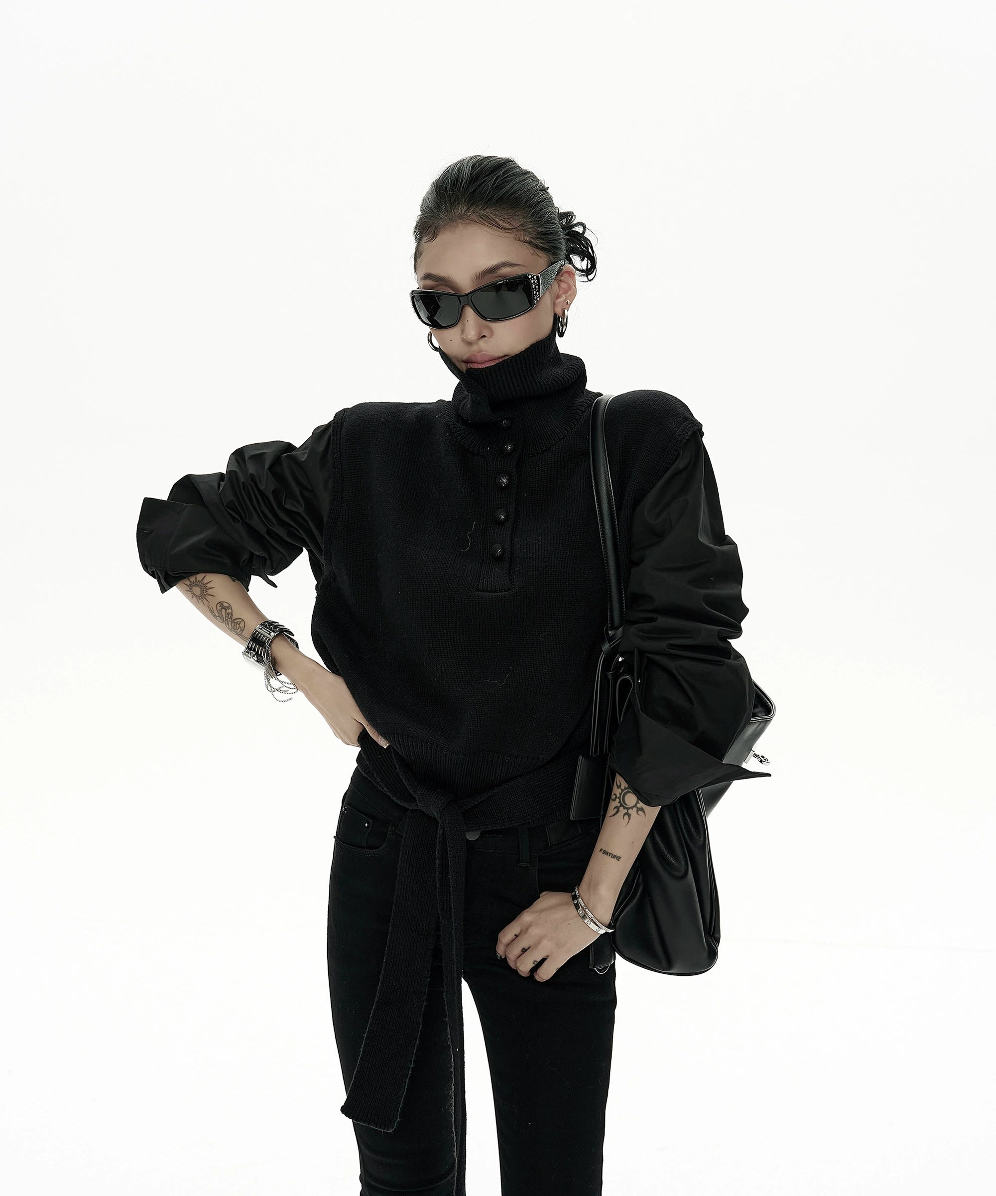 野生zero短款高领毛衣女秋冬新款设计感小众显瘦拼接长袖上衣外套