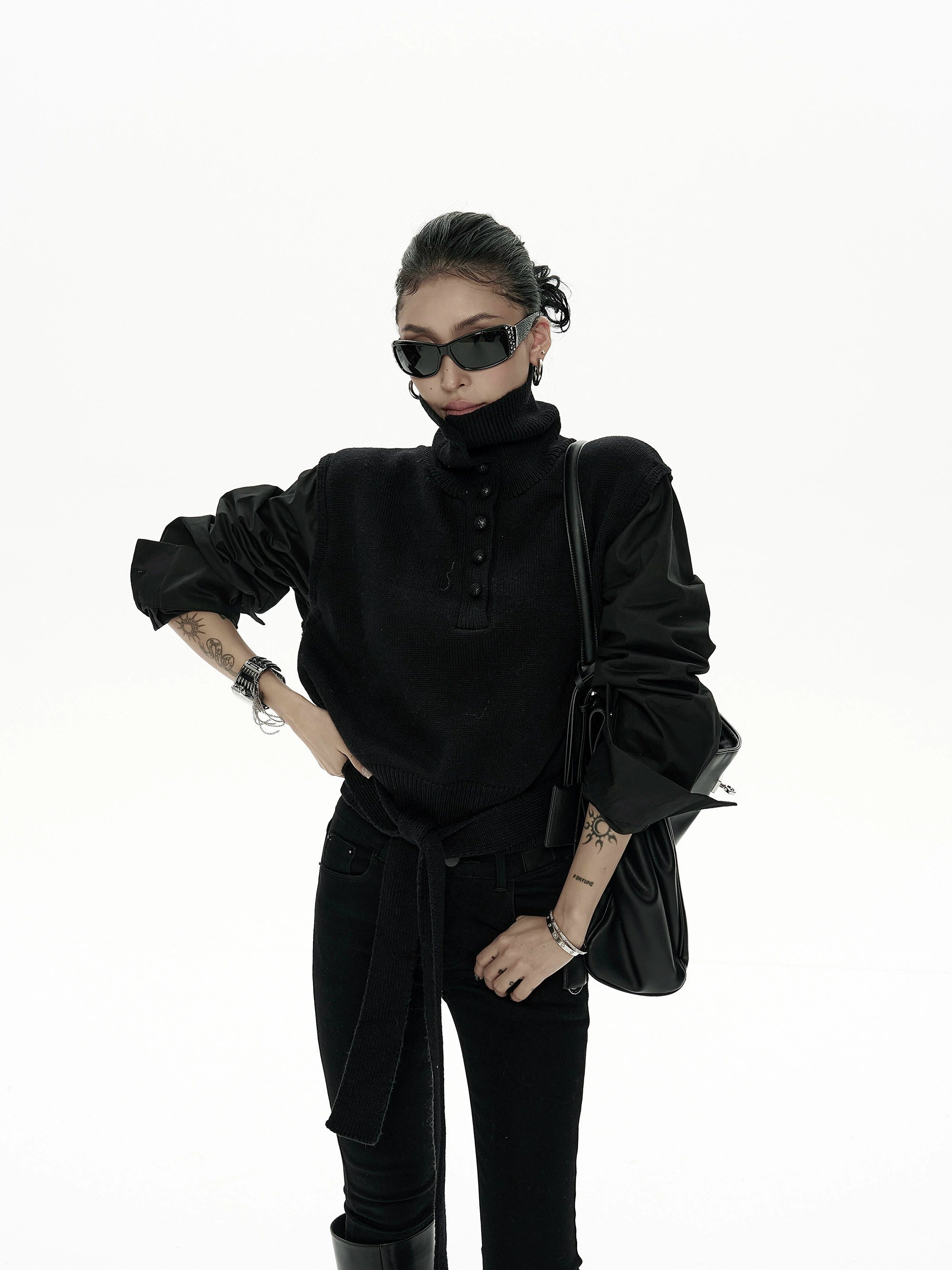 野生zero短款高领毛衣女秋冬新款设计感小众显瘦拼接长袖上衣外套