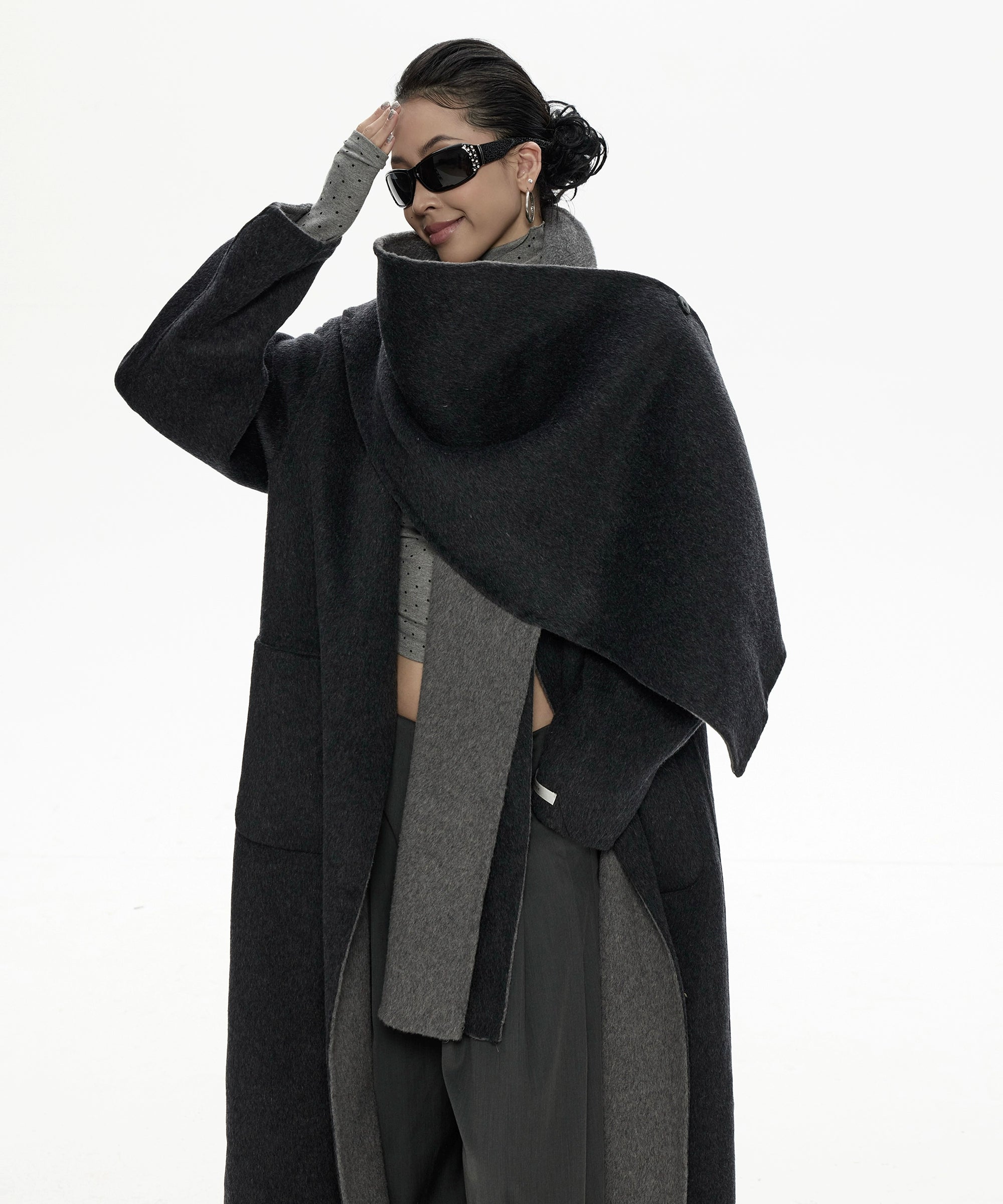 野生zero撞色长款廓形毛呢外套女秋冬新款设计感小众宽松加厚大衣