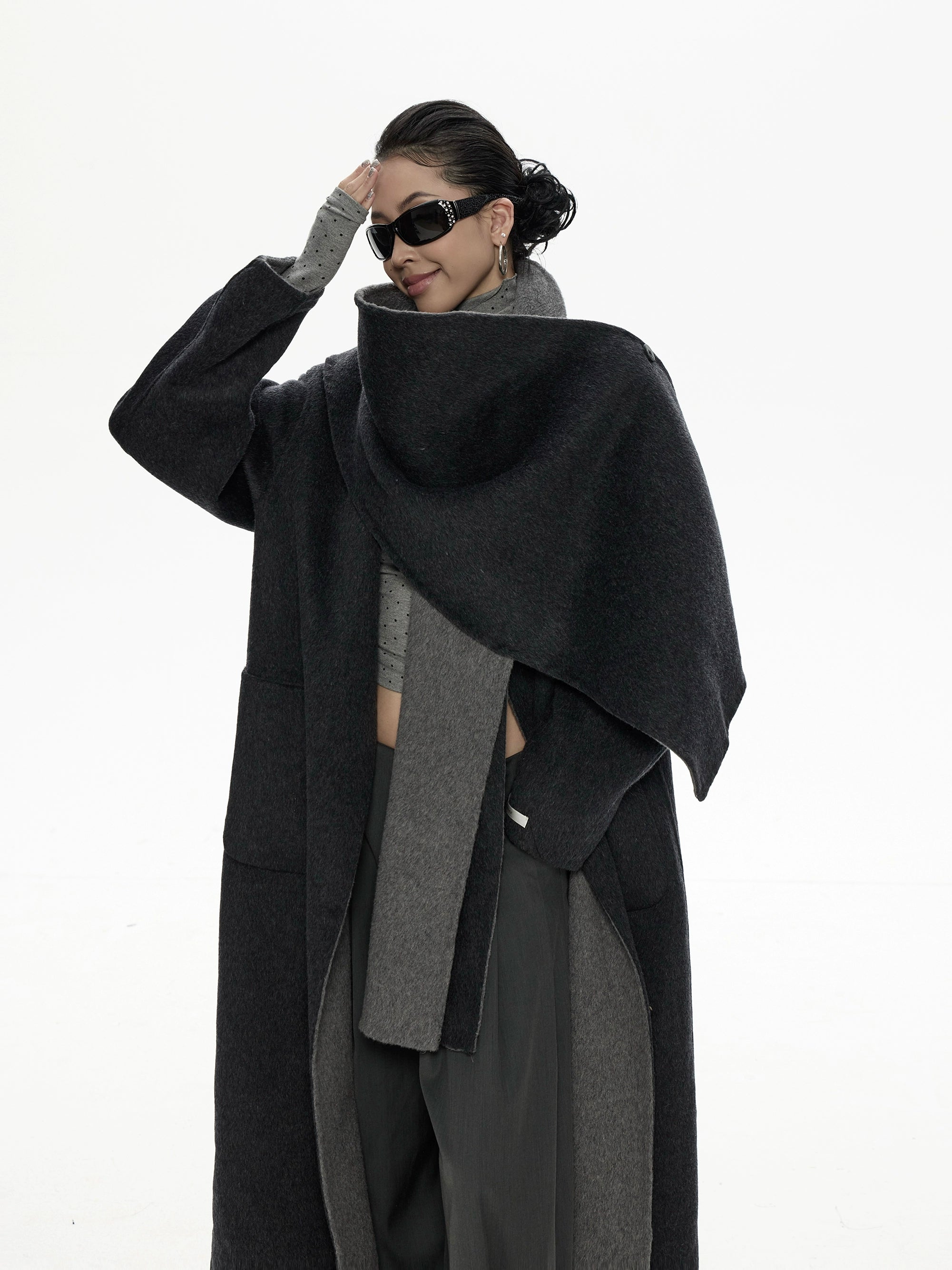 野生zero撞色长款廓形毛呢外套女秋冬新款设计感小众宽松加厚大衣