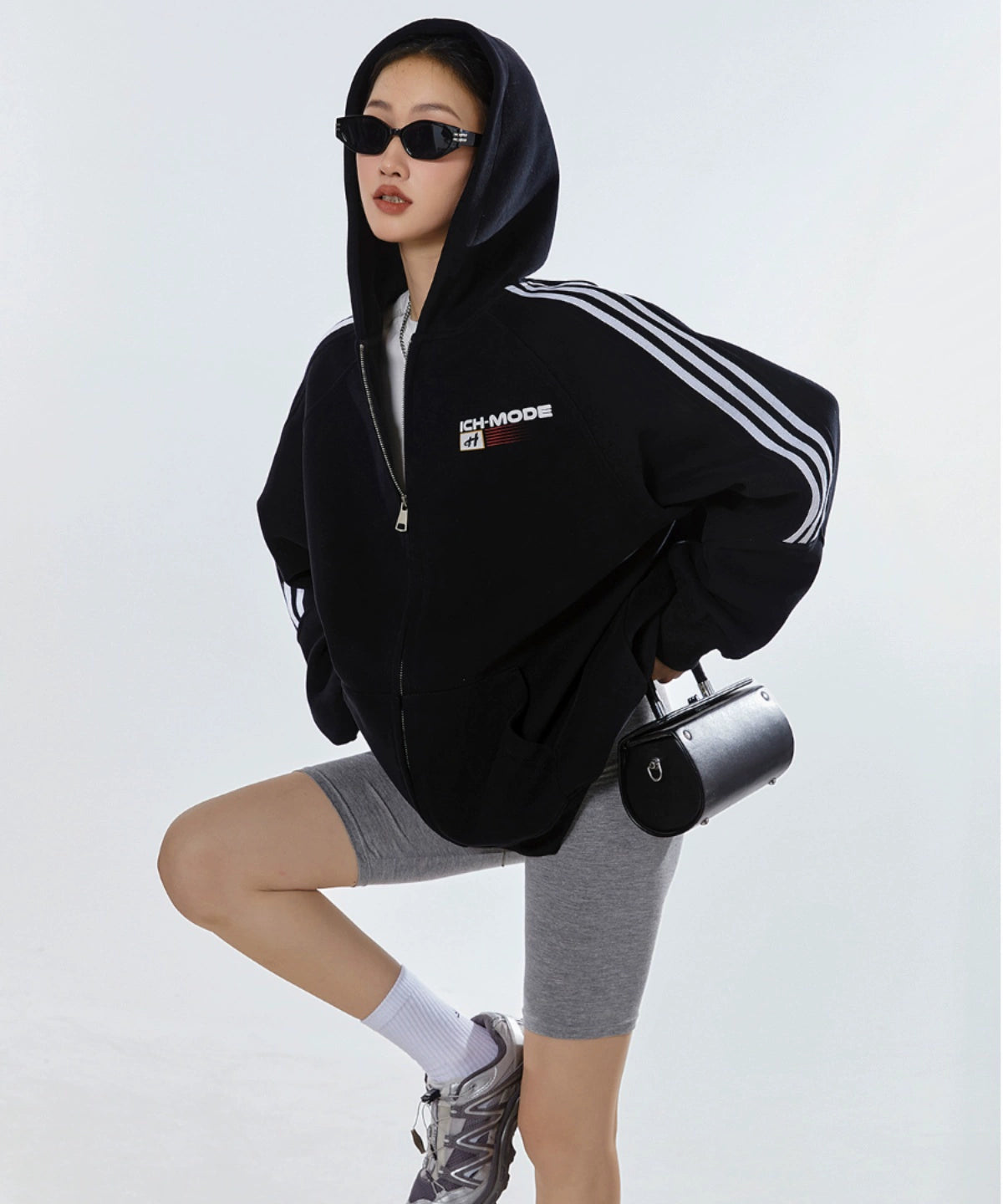 ICH MODE 400G质感条纹运动休闲美式卫衣开衫简约街头潮牌外套女