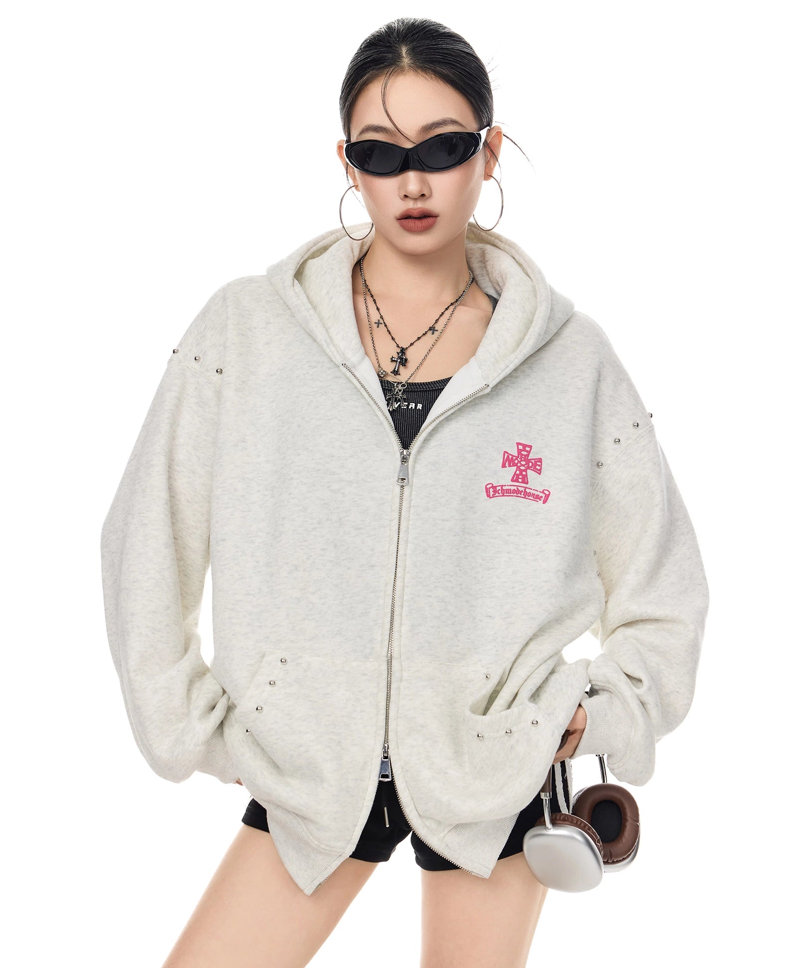 ICH MODE 美式哥特风复古钢珠加绒外套女秋冬季连帽上衣开衫卫衣