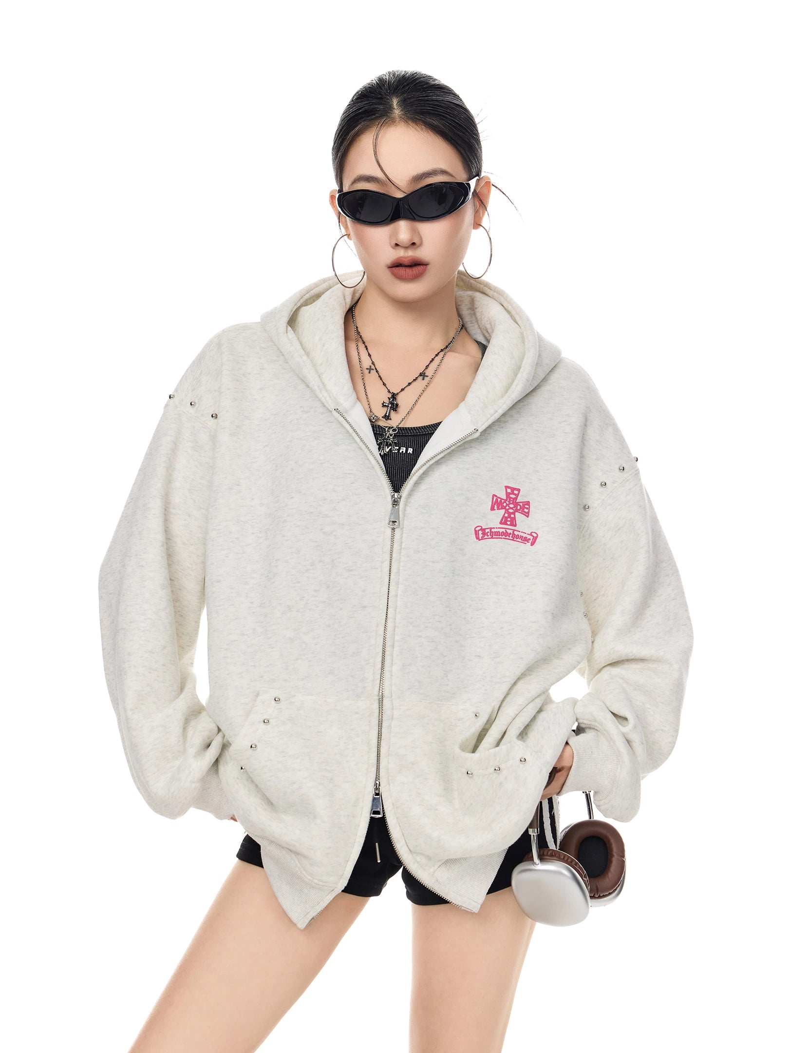 ICH MODE 美式哥特风复古钢珠加绒外套女秋冬季连帽上衣开衫卫衣