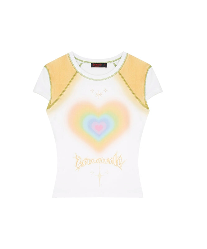 野生zero 红白色爱心印花正肩短袖t恤女夏辣妹设计感显瘦修身上衣