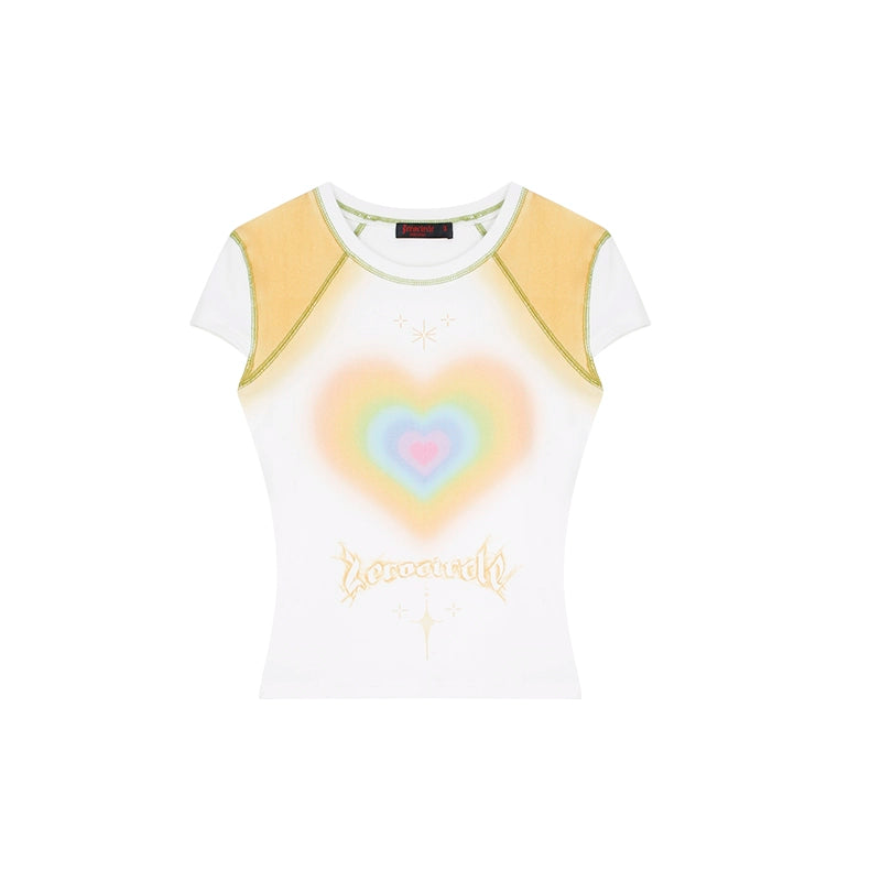 野生zero 红白色爱心印花正肩短袖t恤女夏辣妹设计感显瘦修身上衣