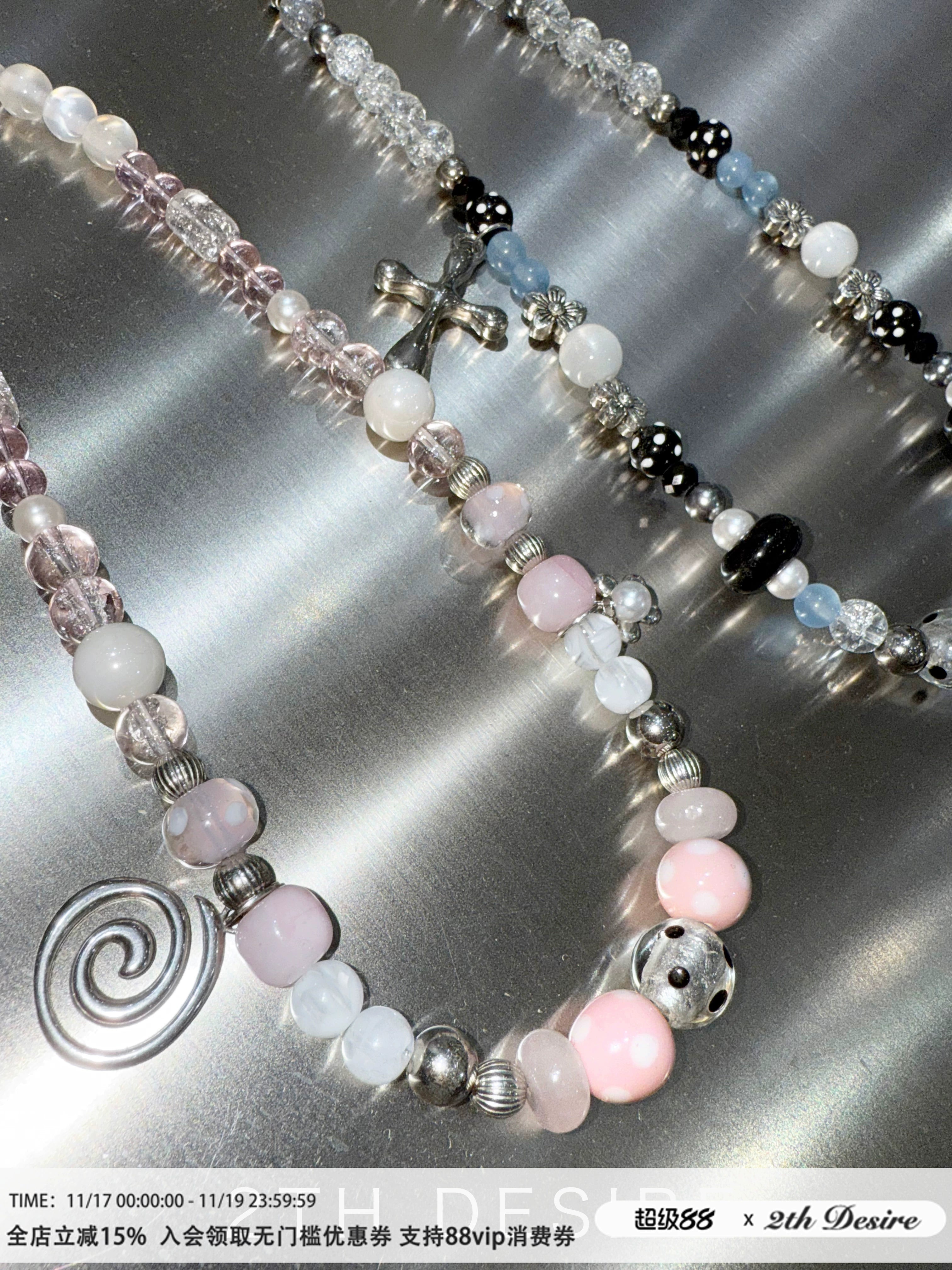 2th Desire原创多元素银箔波点琉璃串珠漩涡花朵锁骨链朋克项链