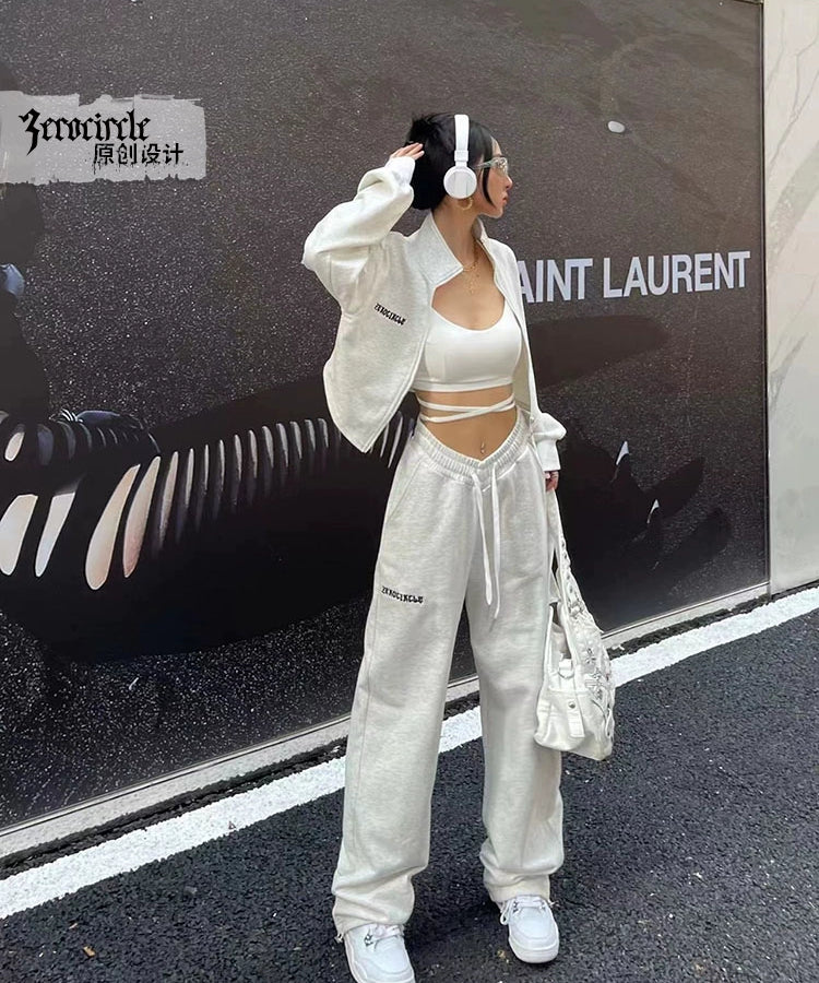野生zerocircle灰色卫衣套装女春秋短款外套显瘦运动宽松休闲裤子
