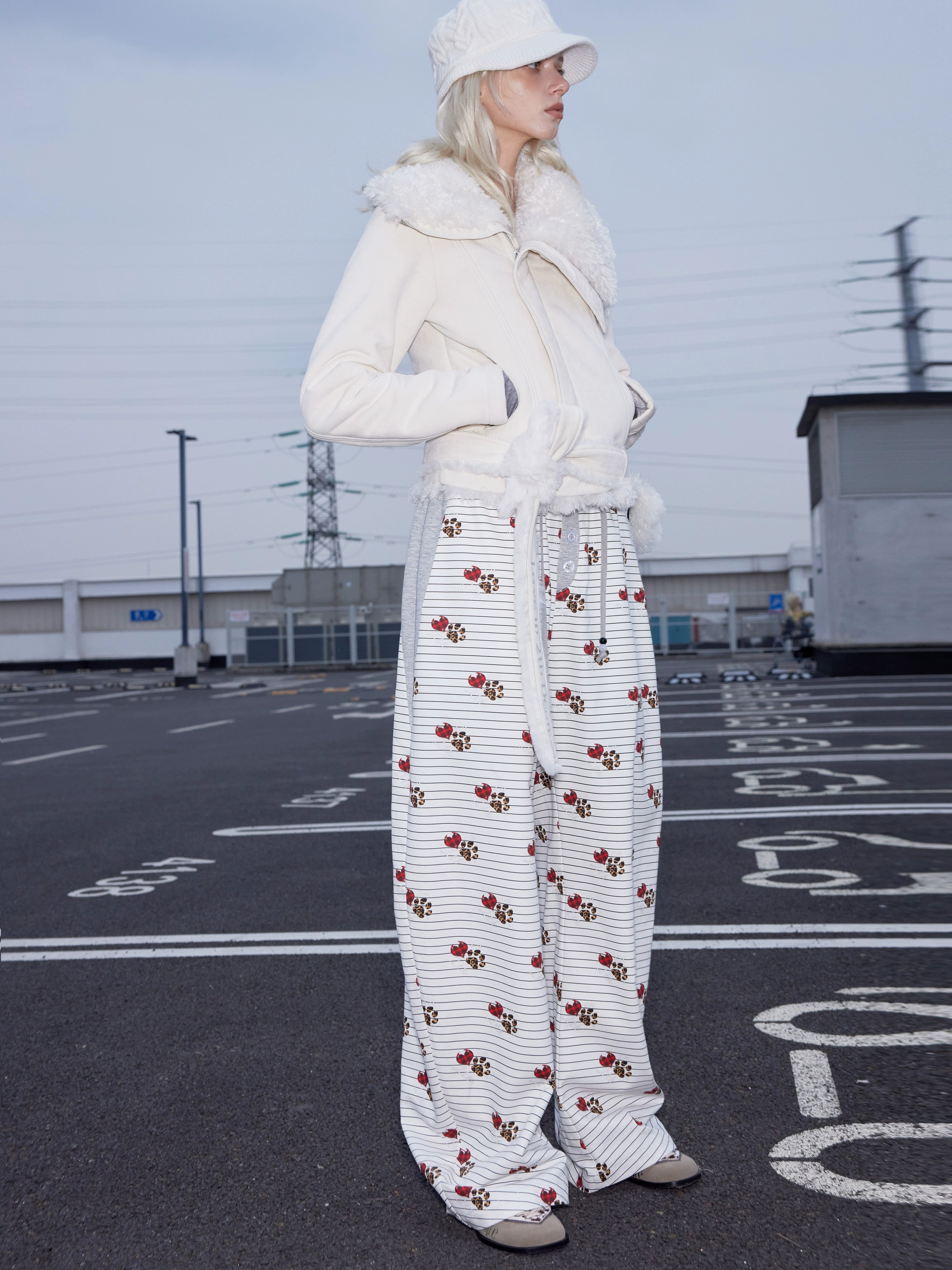 2th Desire莱赛尔定织原创恶魔爱心小狗爪印格纹串珠休闲香蕉裤女