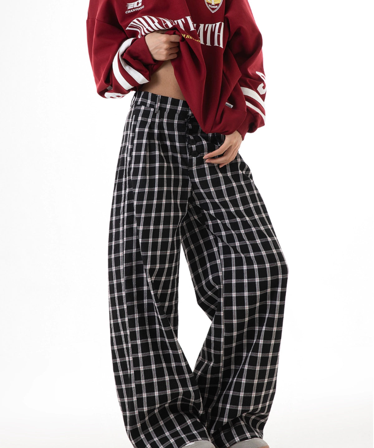 ICH MODE 美式复古格子裤女2025新款秋宽松阔腿裤直筒休闲裤子